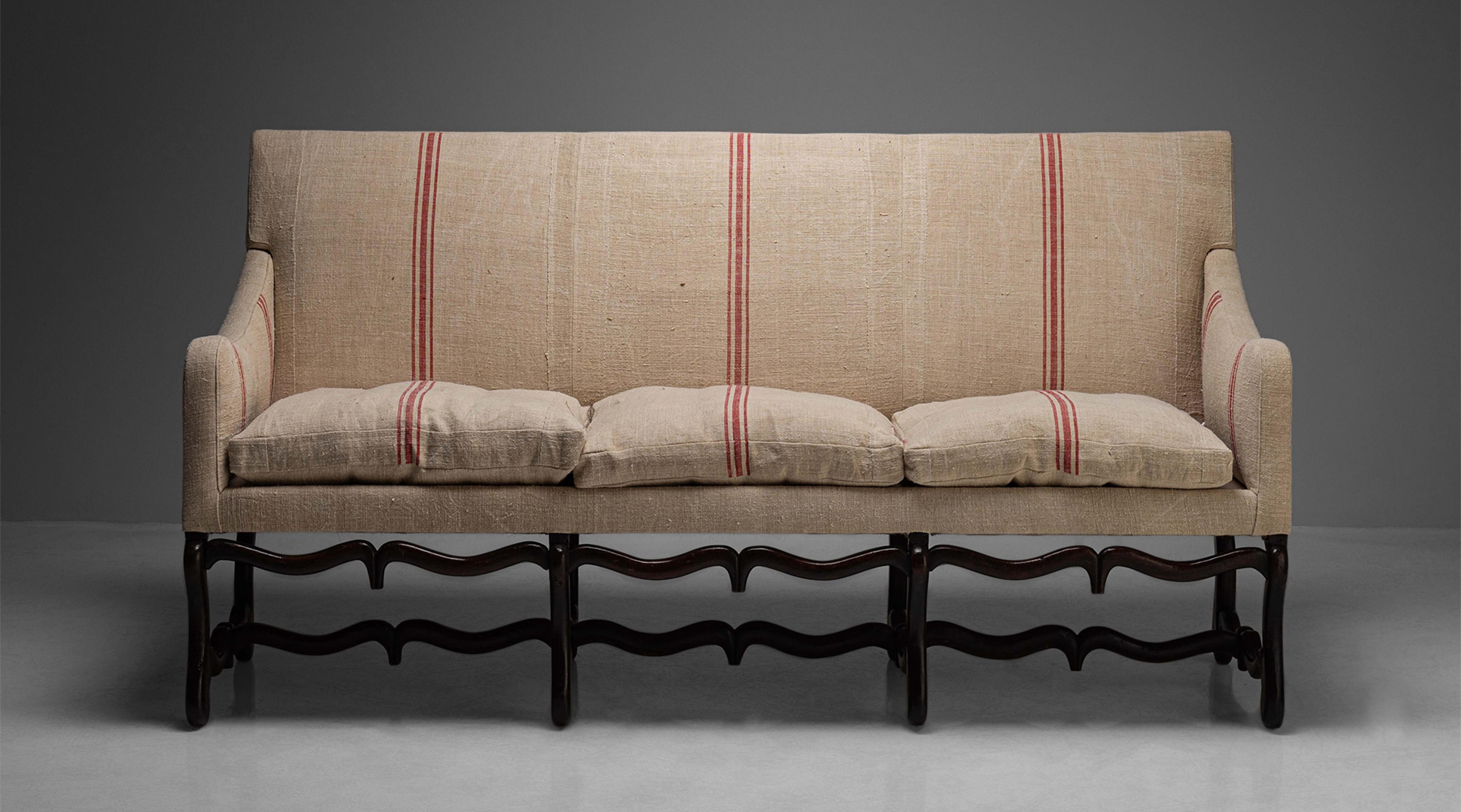 Os de Mouton Sofa, France, circa 1790

Beautifully carved frame with unique double stretcher. Seats and back have been newly upholstered in antique linen.

Measures: 79” W x 30” D x 42” H x 18.5” seat.