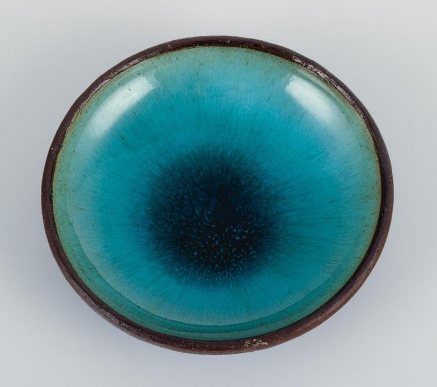 Danish Osa, Denmark, Two Large Retro Unique Ceramic Bowls with Glaze in Turquoise Tones For Sale