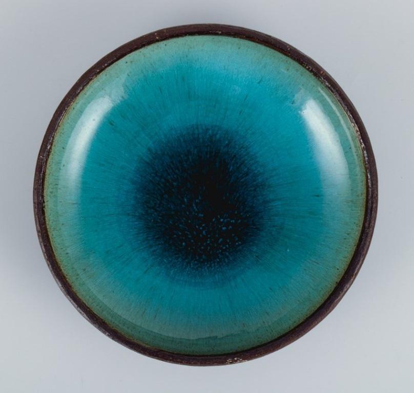 Glazed Osa, Denmark, Two Large Retro Unique Ceramic Bowls with Glaze in Turquoise Tones For Sale