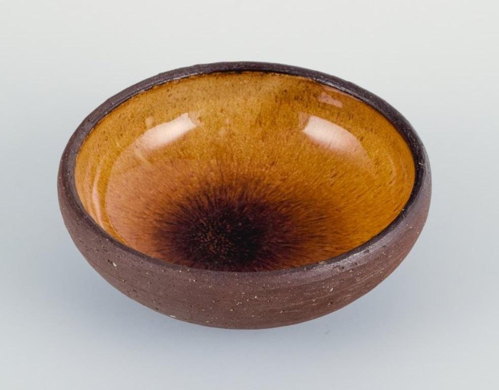 Scandinavian Modern Osa, Denmark, Two Small Retro Unique Ceramic Bowls with Yellow-Brown Glaze For Sale