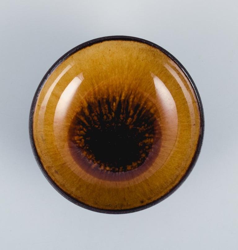 Glazed Osa, Denmark, Two Small Retro Unique Ceramic Bowls with Yellow-Brown Glaze For Sale