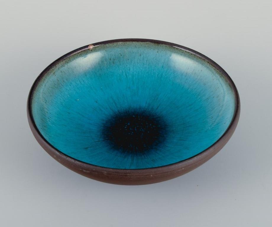 Scandinavian Modern Osa, Denmark, Two Small Unique Ceramic Bowls with Glaze in Turquoise Tones For Sale