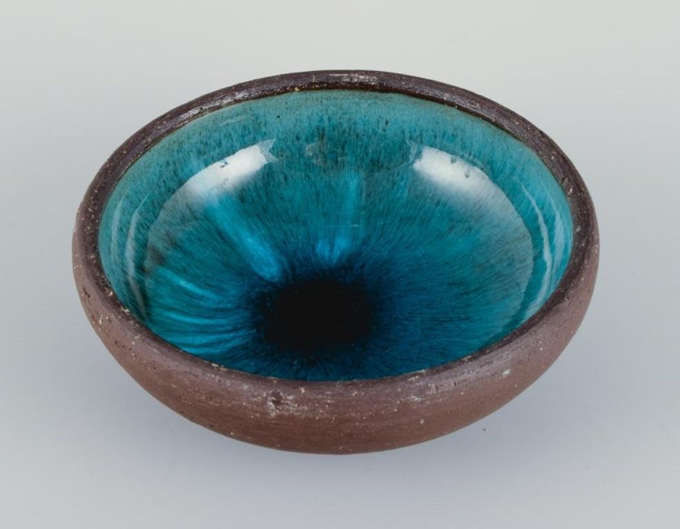 Danish Osa, Denmark, Two Small Unique Ceramic Bowls with Glaze in Turquoise Tones For Sale