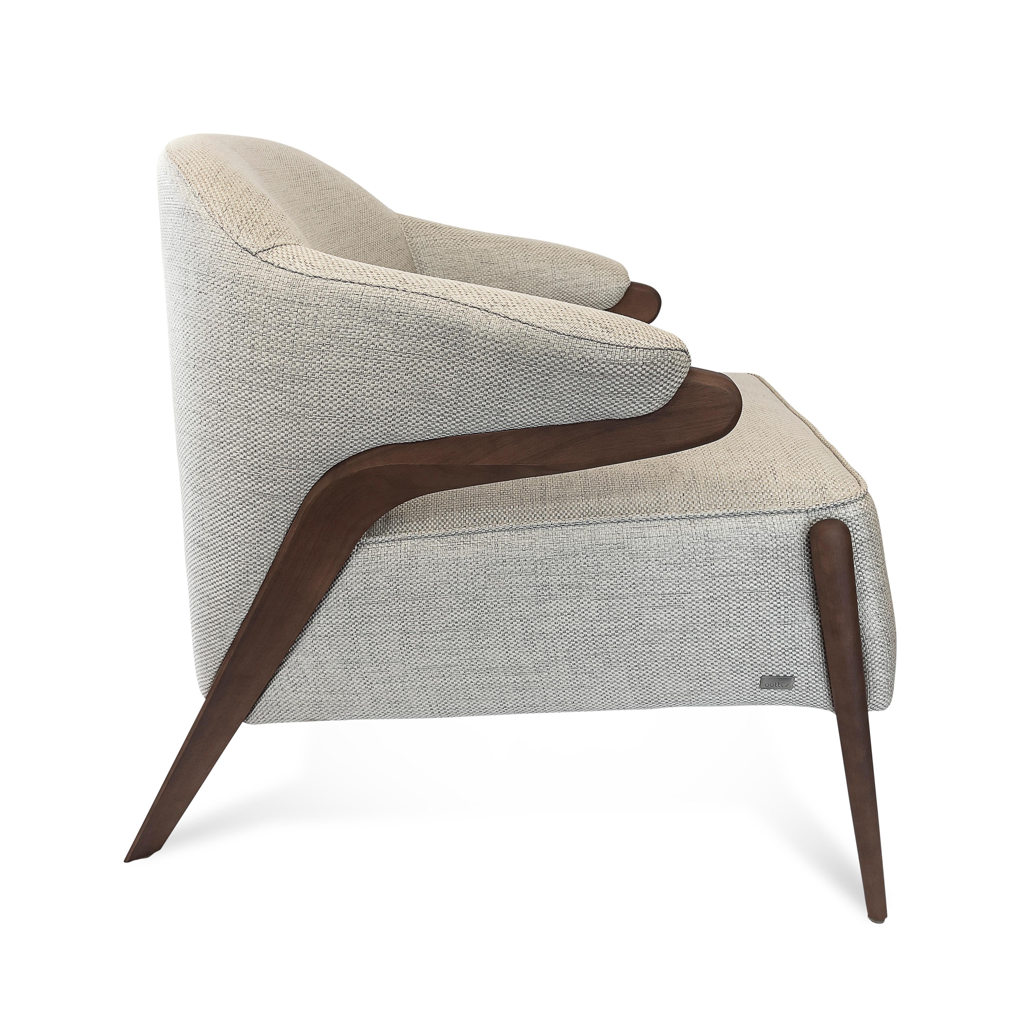 Osa Upholstered Armchair in Walnut Wood Finish Frame and Beige Fabric In New Condition For Sale In Miami, FL
