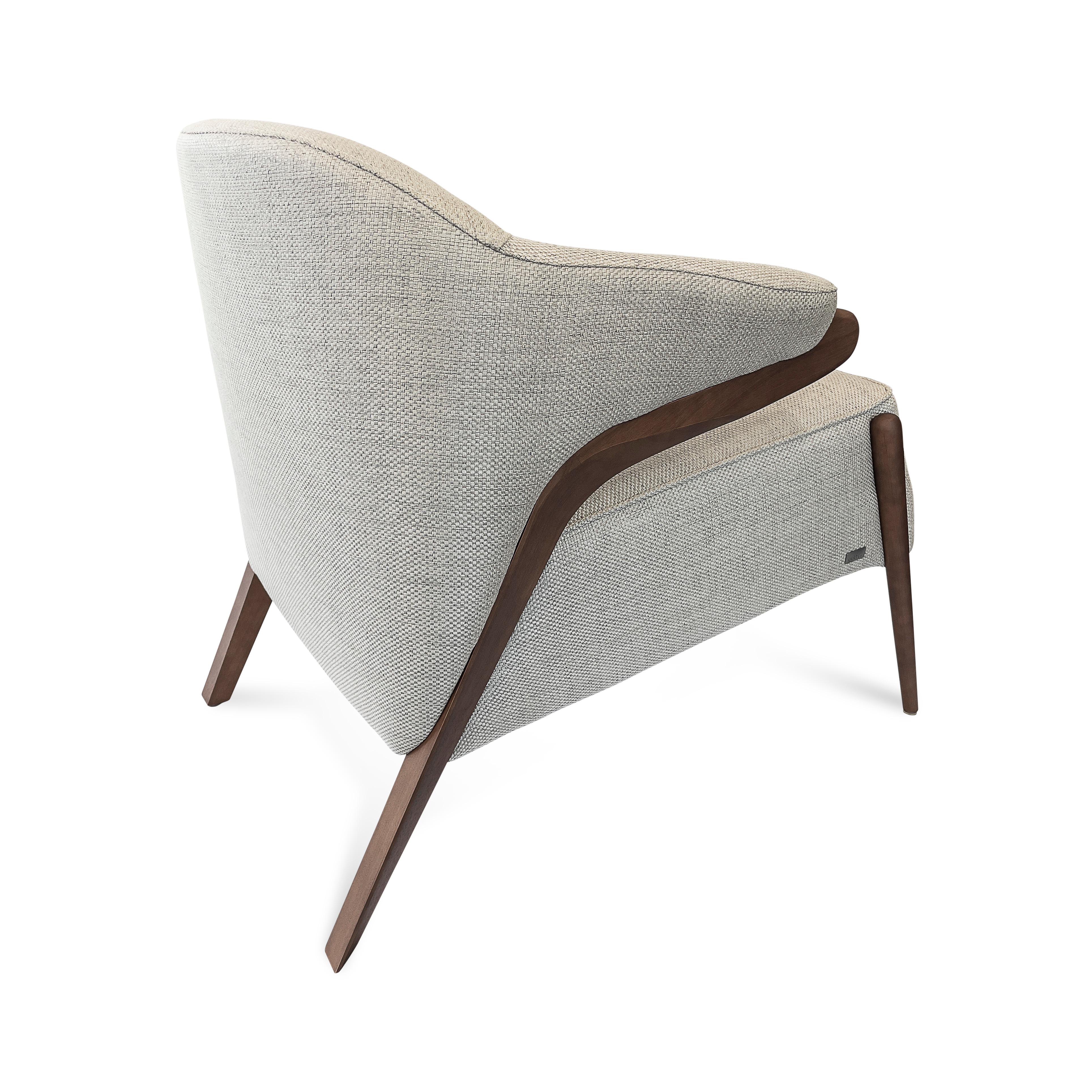 Contemporary Osa Upholstered Armchair in Walnut Wood Finish Frame and Beige Fabric For Sale