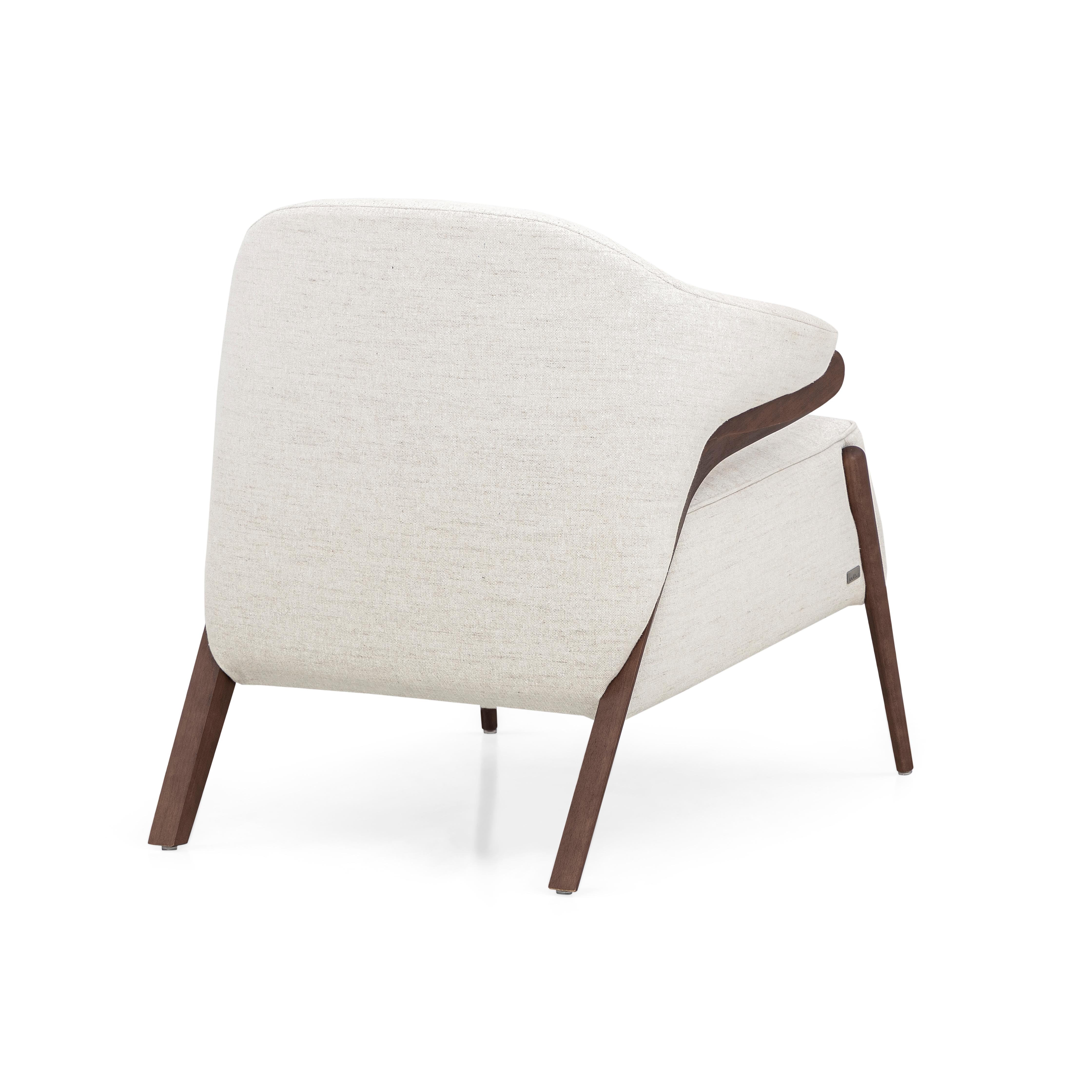 Brazilian Osa Upholstered Armchair in Walnut Wood Finish Frame and Off-White Fabric For Sale