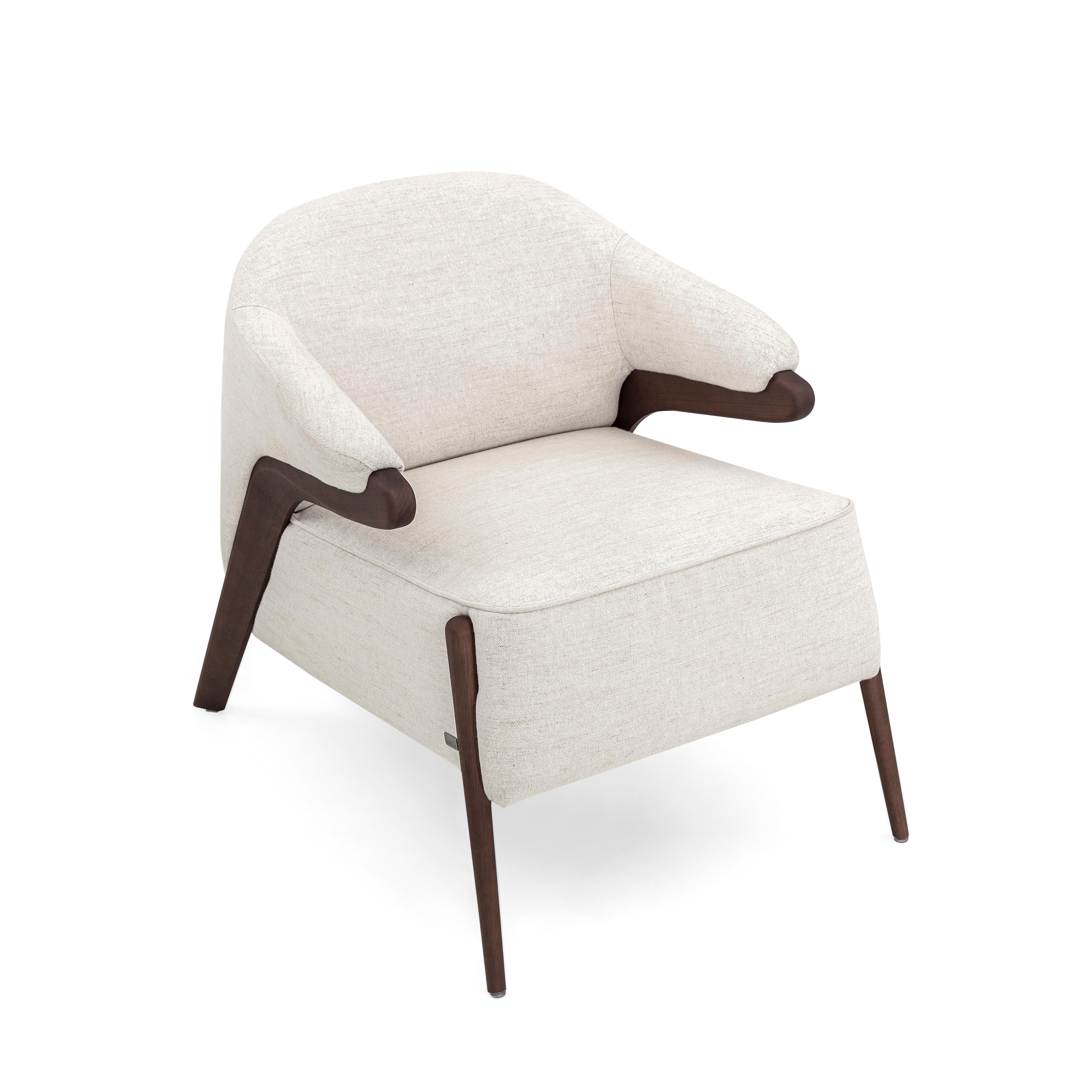 Contemporary Osa Upholstered Armchair in Walnut Wood Finish Frame and Off-White Fabric For Sale