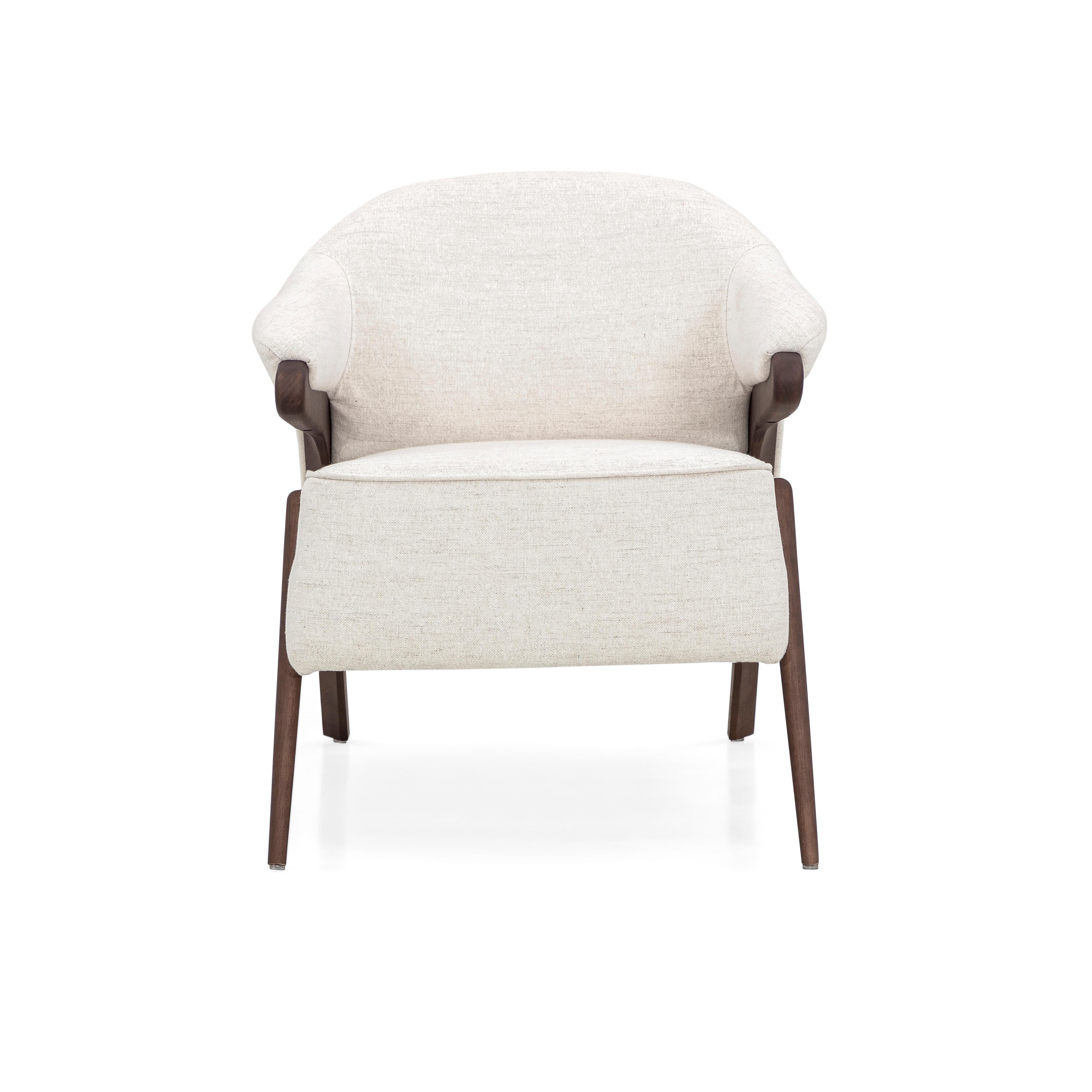 Osa Upholstered Armchair in Walnut Wood Finish Frame and Off-White Fabric For Sale 2