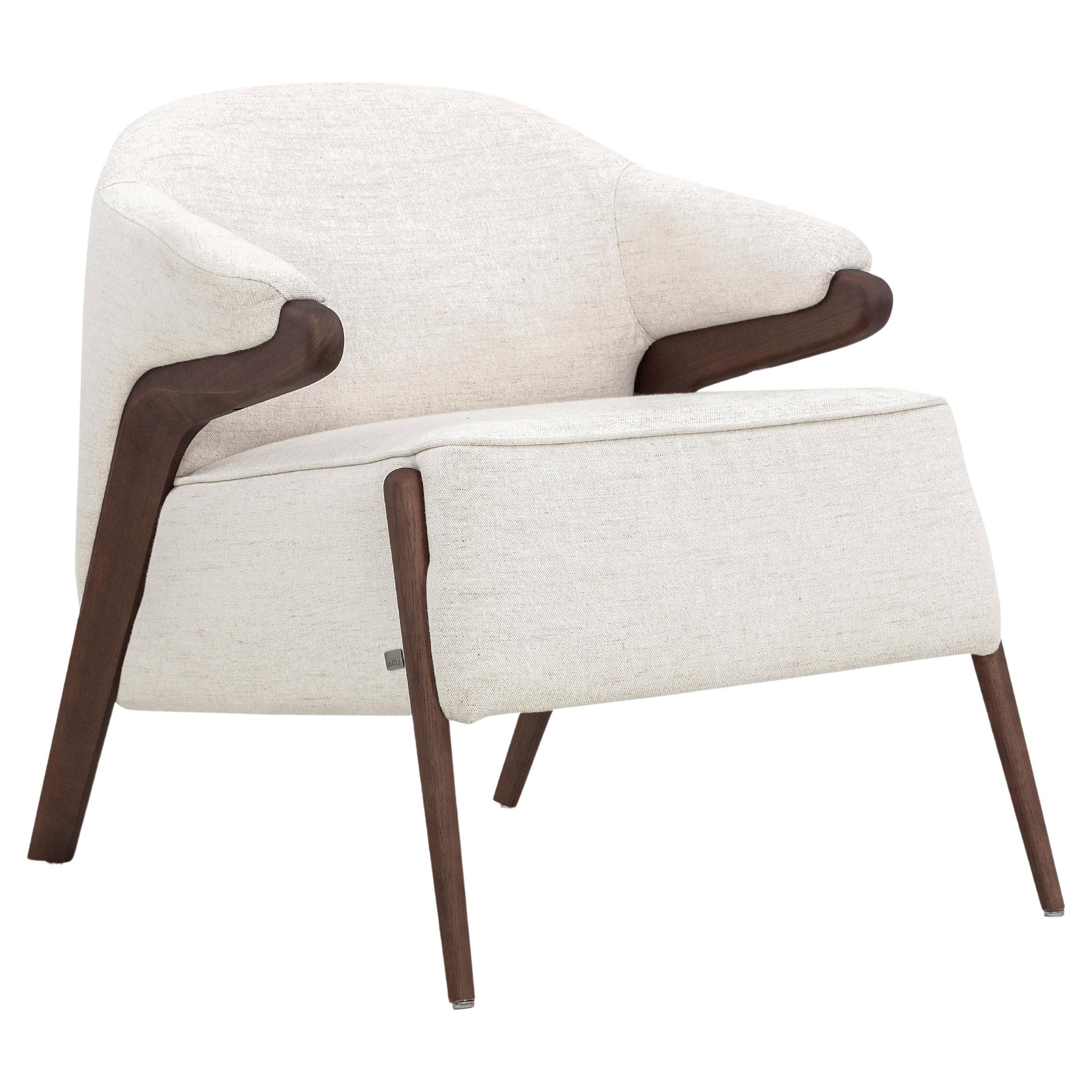 Osa Upholstered Armchair in Walnut Wood Finish Frame and Off-White Fabric For Sale