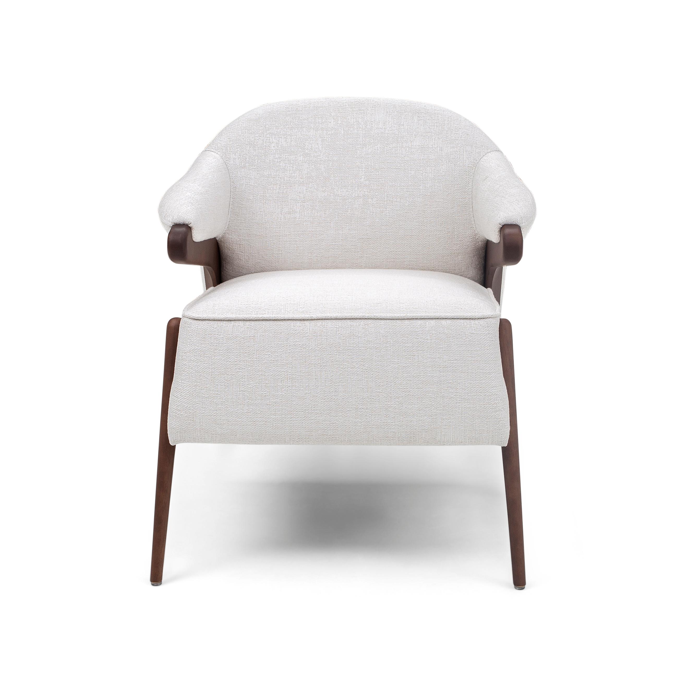 Contemporary Osa Upholstered Armchair in Walnut Wood Frame and White Fabric For Sale