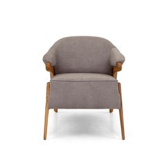 Osa Upholstered Curve Back Armchair in Teak Finish and Gray Fabric