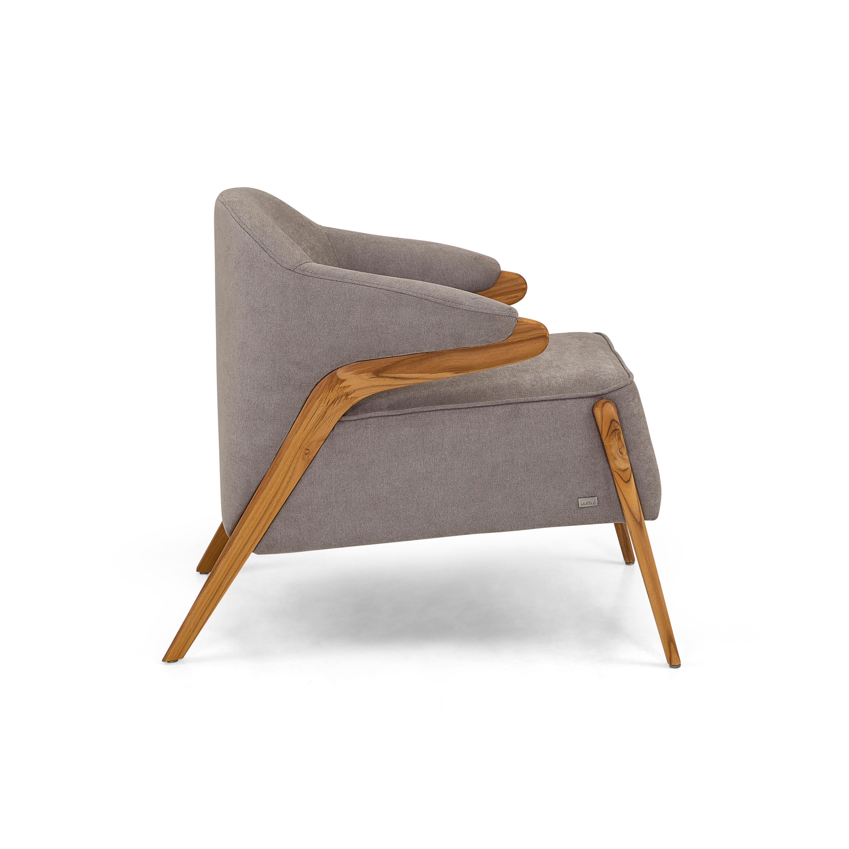 Brazilian Osa Upholstered Curve Back Armchair in Teak Finish and Gray Fabric