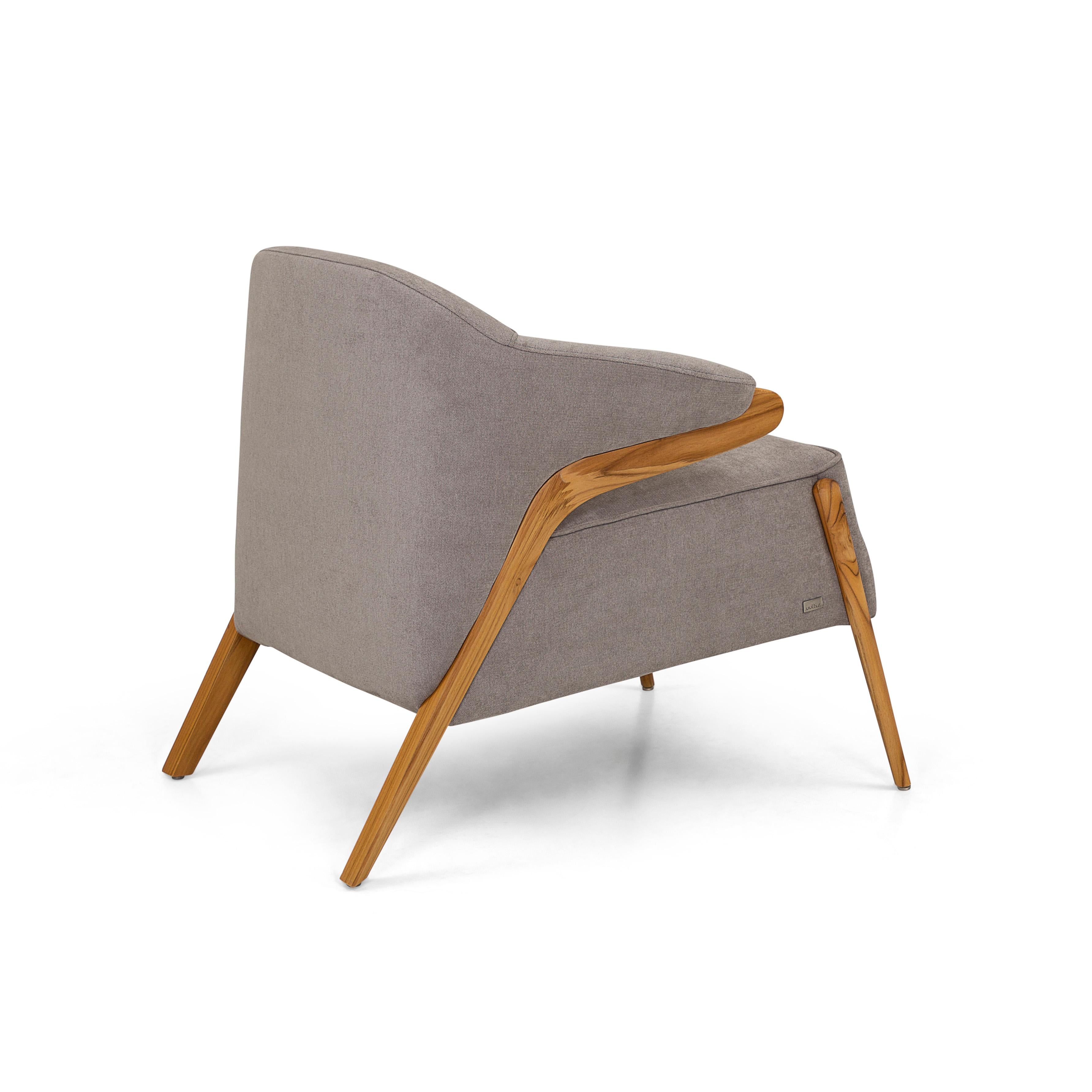 Osa Upholstered Curve Back Armchair in Teak Finish and Gray Fabric In New Condition In Miami, FL