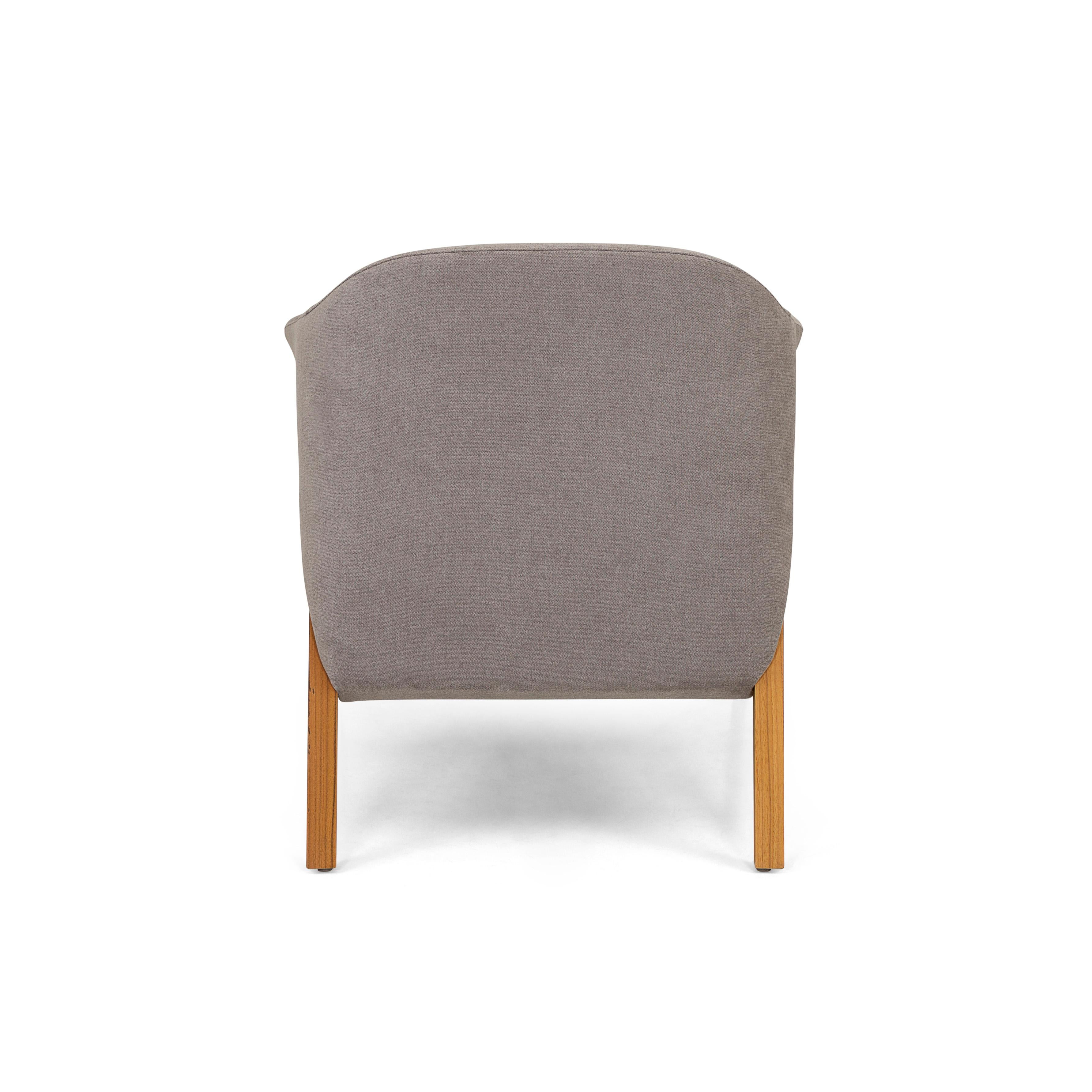 Contemporary Osa Upholstered Curve Back Armchair in Teak Finish and Gray Fabric
