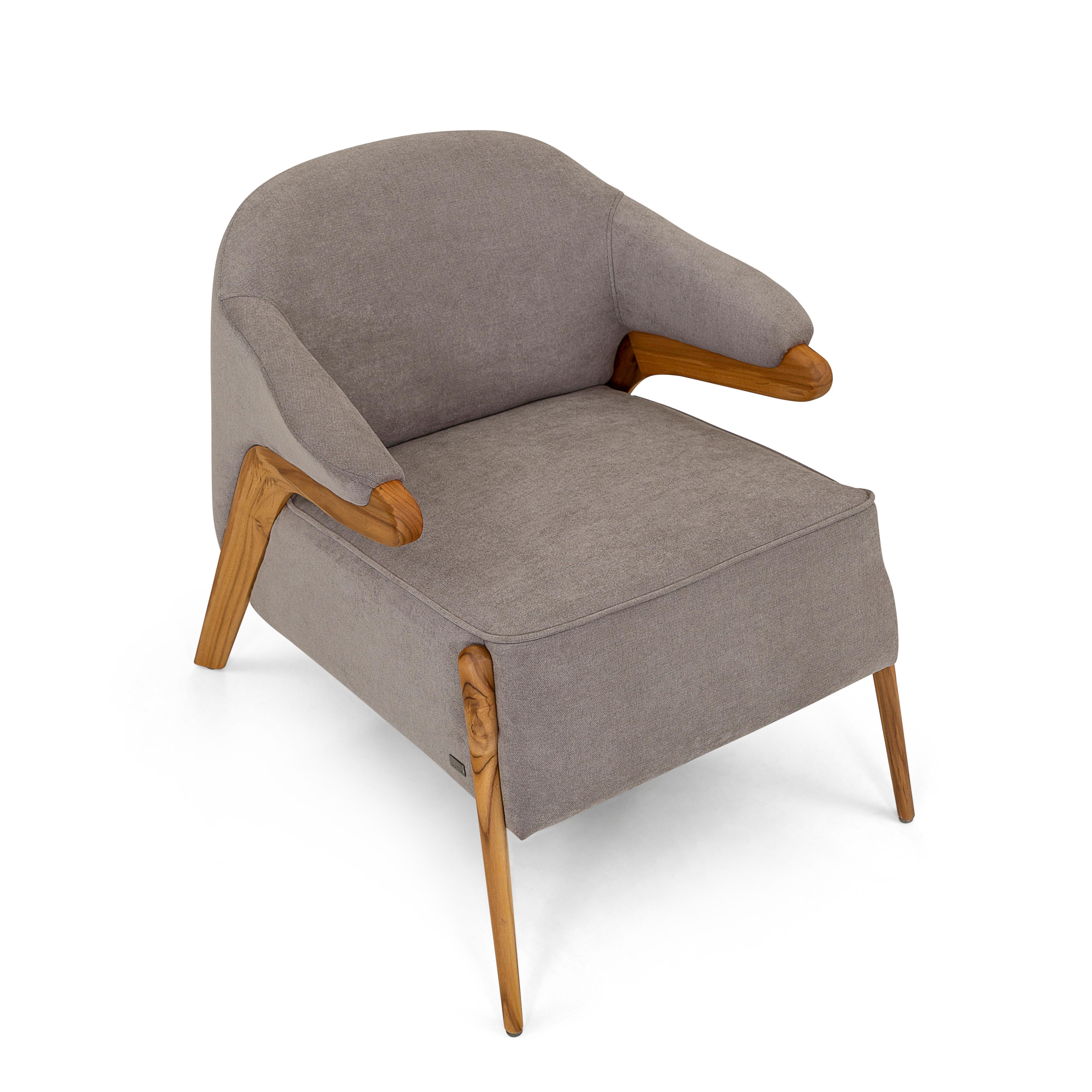 Upholstery Osa Upholstered Curve Back Armchair in Teak Finish and Gray Fabric
