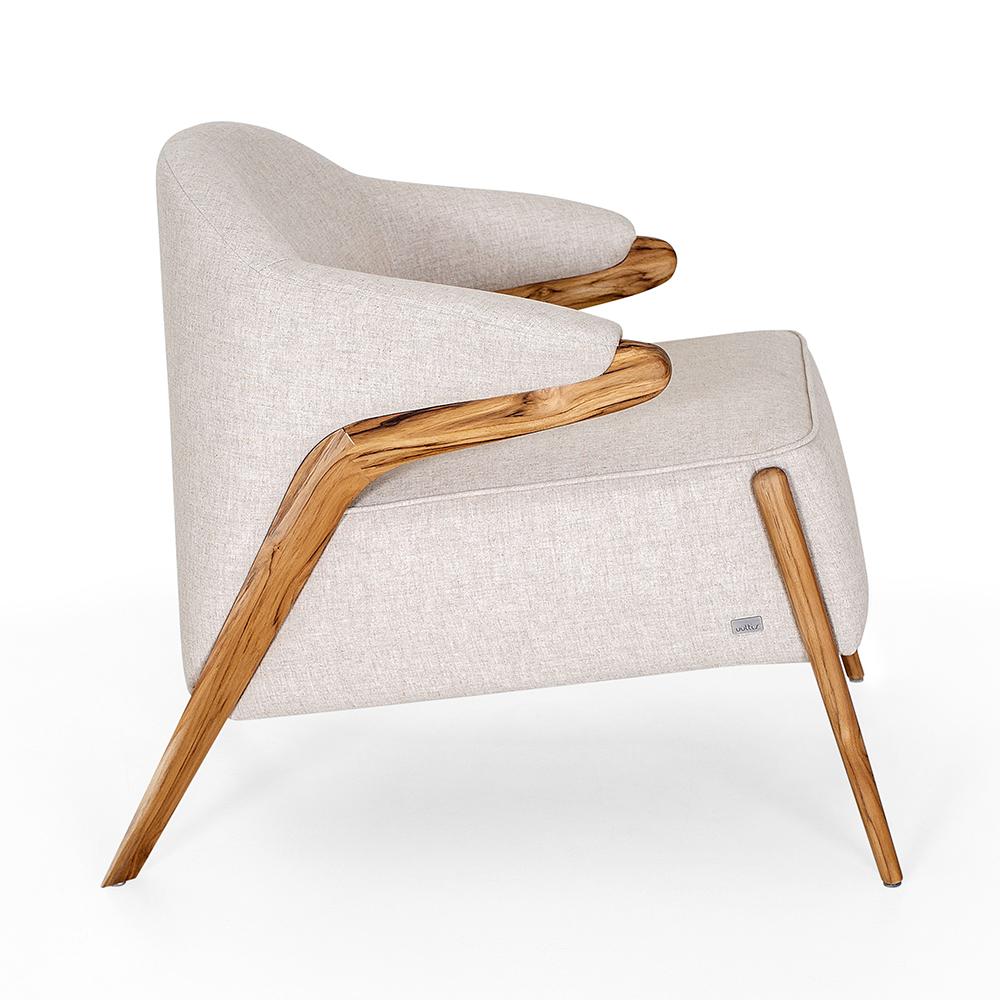 Brazilian Osa Upholstered Curve Back Armchair in Teak Wood Finish and Beige Fabric For Sale