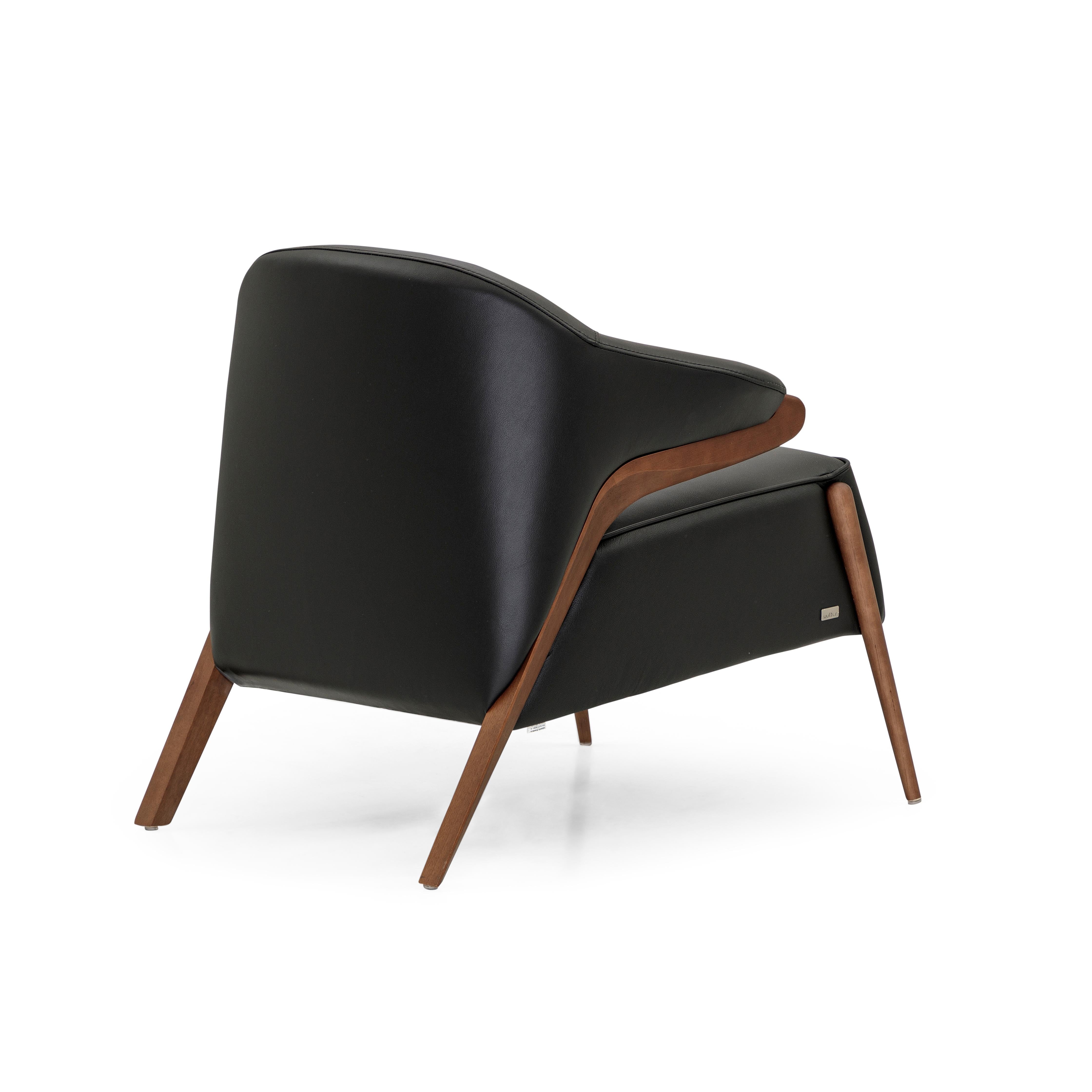 Brazilian Osa Upholstered Curve Back Armchair in Walnut Wood Finish and Black Leather For Sale