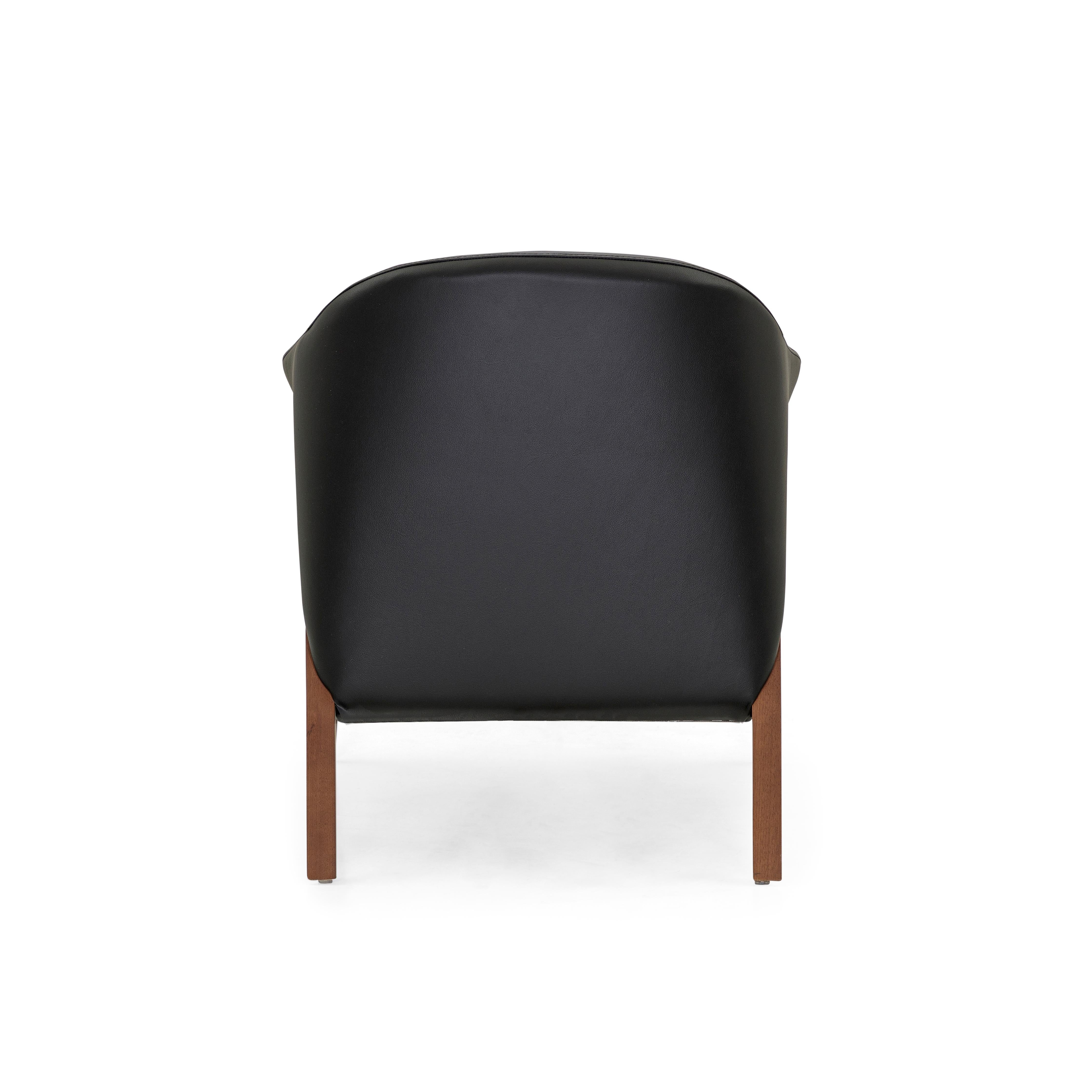 Osa Upholstered Curve Back Armchair in Walnut Wood Finish and Black Leather In New Condition For Sale In Miami, FL