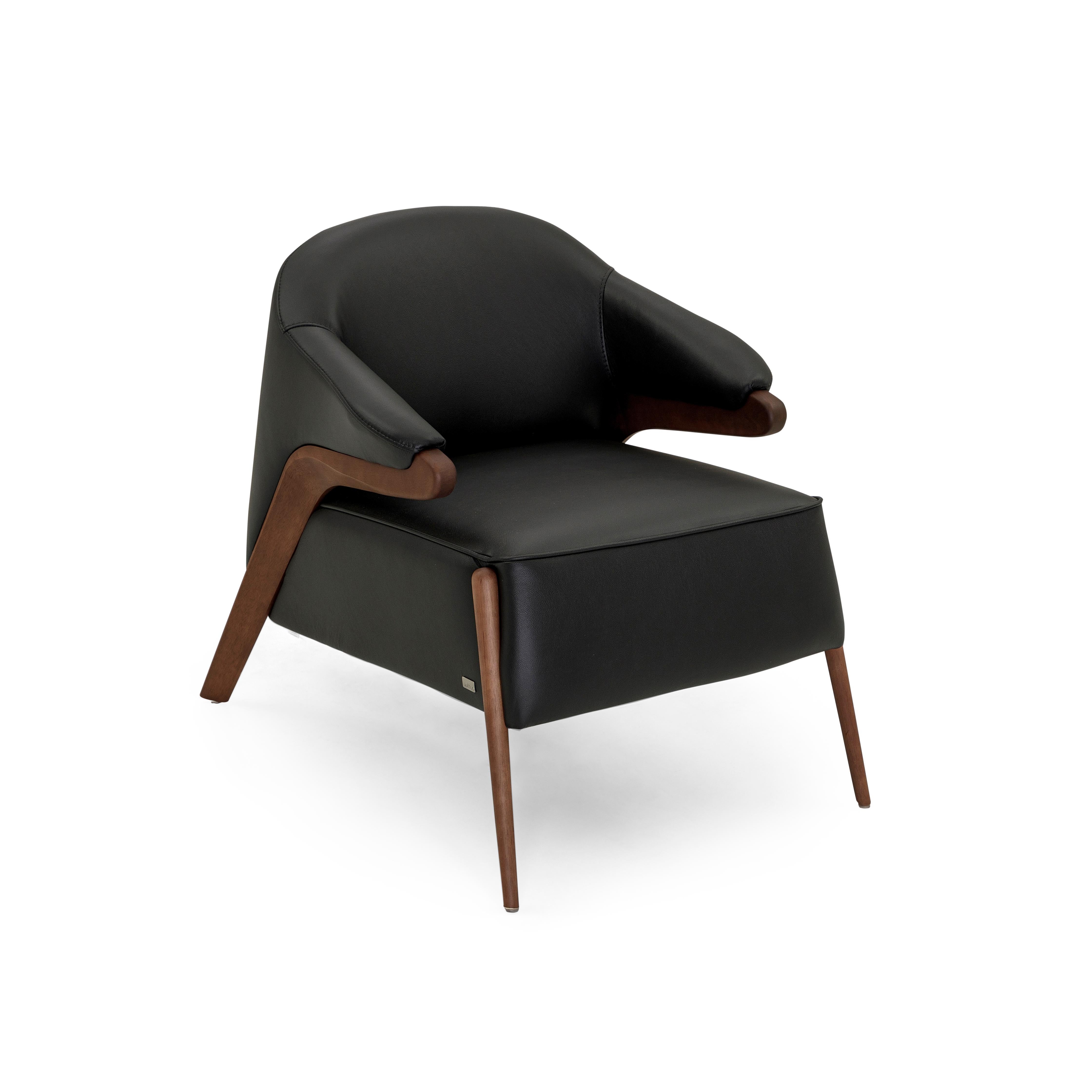 Contemporary Osa Upholstered Curve Back Armchair in Walnut Wood Finish and Black Leather For Sale