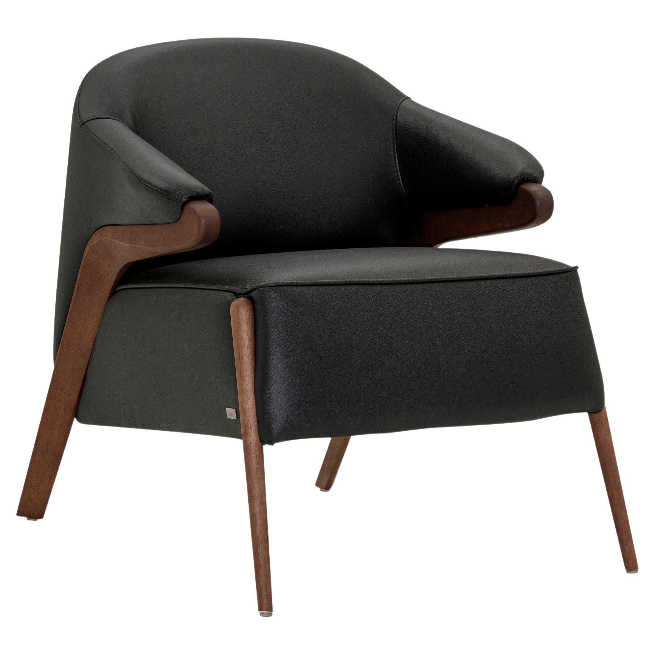 Osa Upholstered Curve Back Armchair in Walnut Wood Finish and Black Leather For Sale