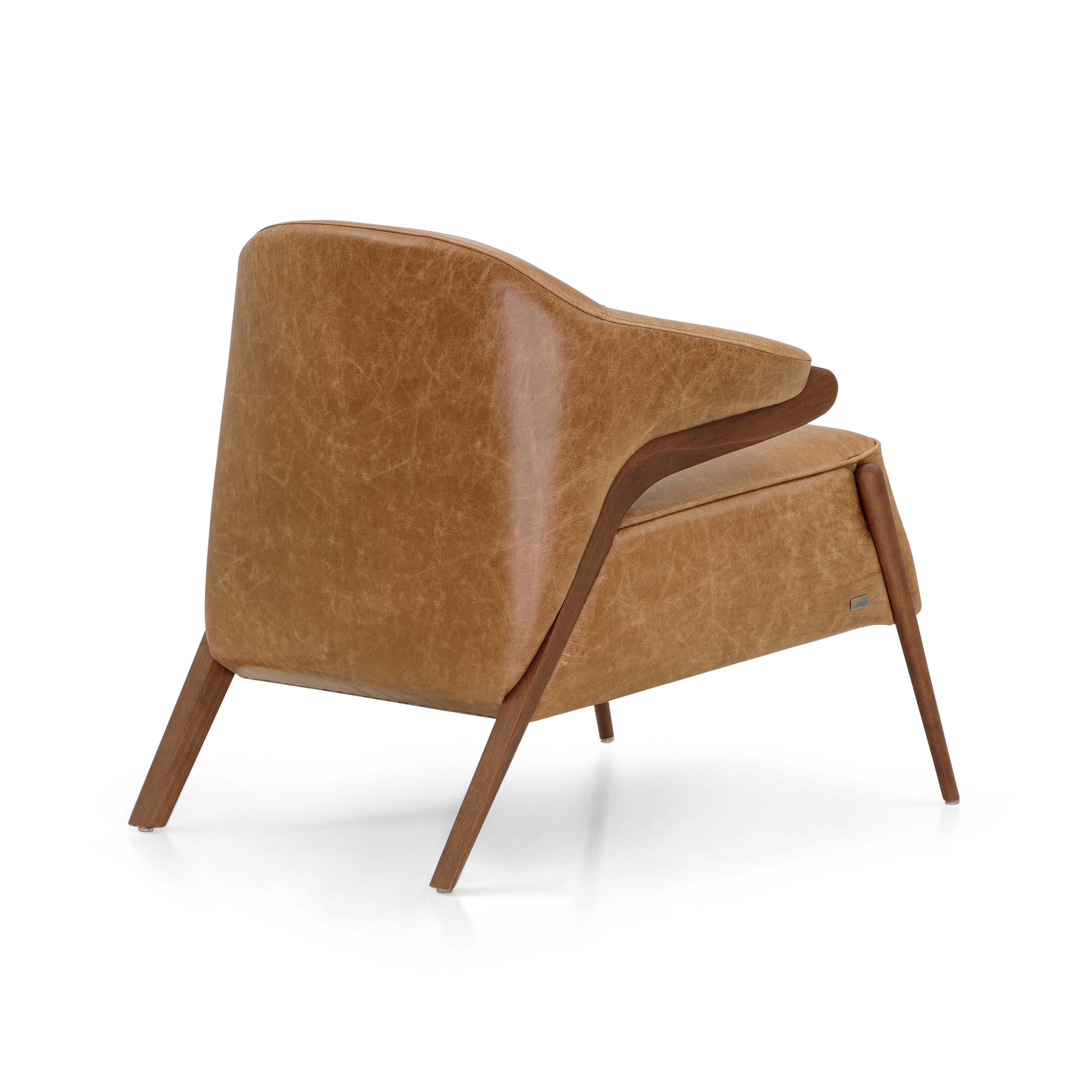 Brazilian Osa Upholstered Curve Back Armchair in Walnut Wood Finish and Brown Leather For Sale