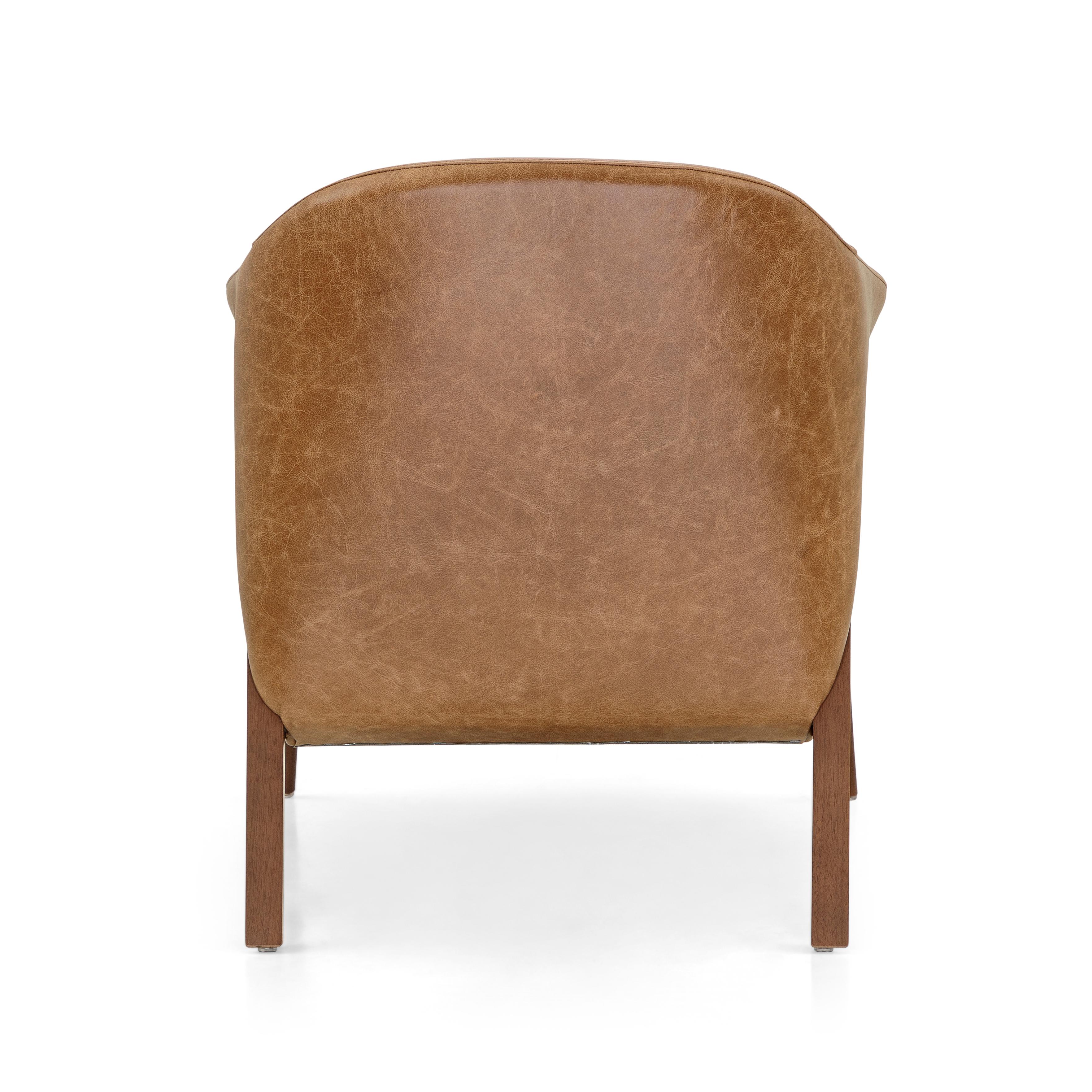 Osa Upholstered Curve Back Armchair in Walnut Wood Finish and Brown Leather In New Condition For Sale In Miami, FL