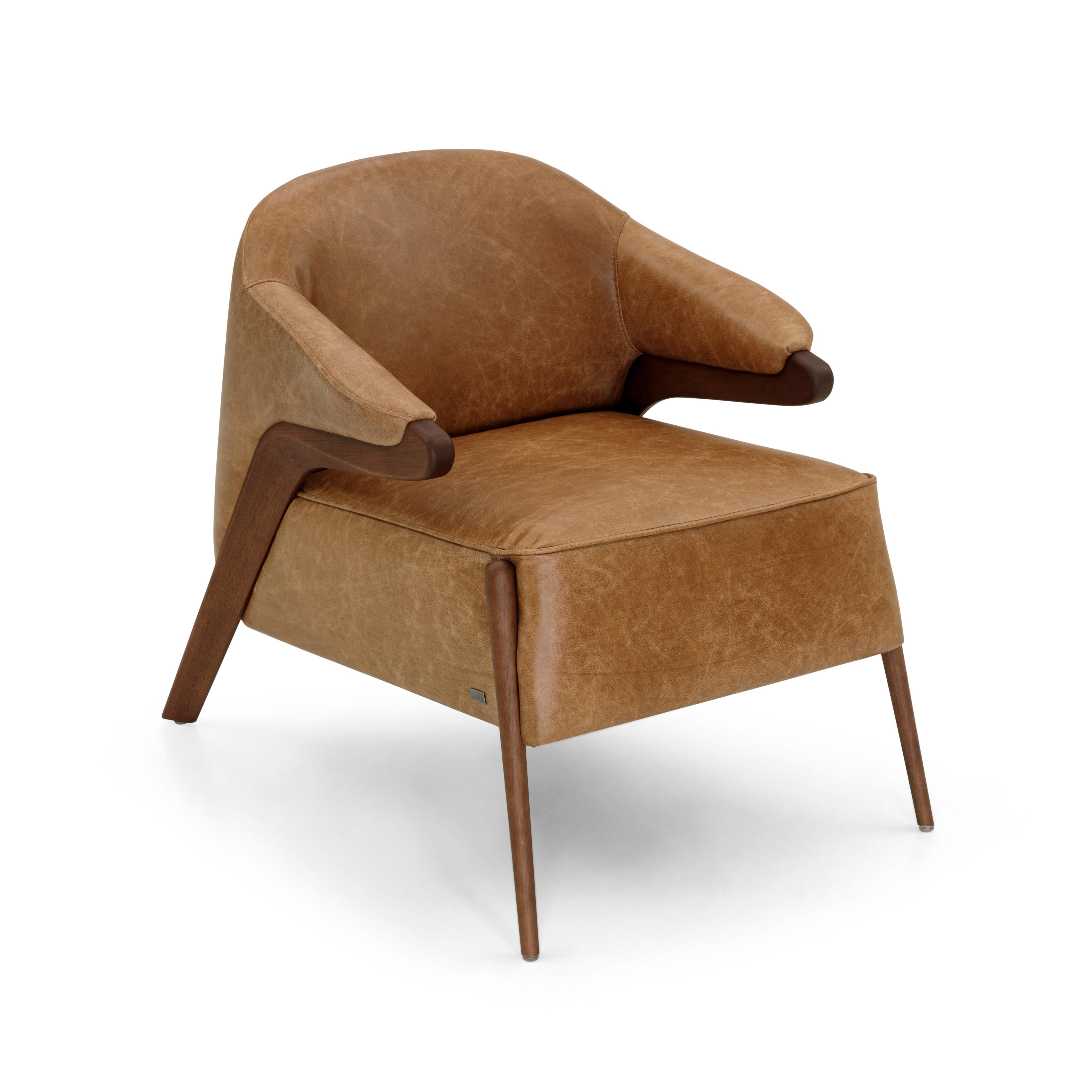 Contemporary Osa Upholstered Curve Back Armchair in Walnut Wood Finish and Brown Leather For Sale