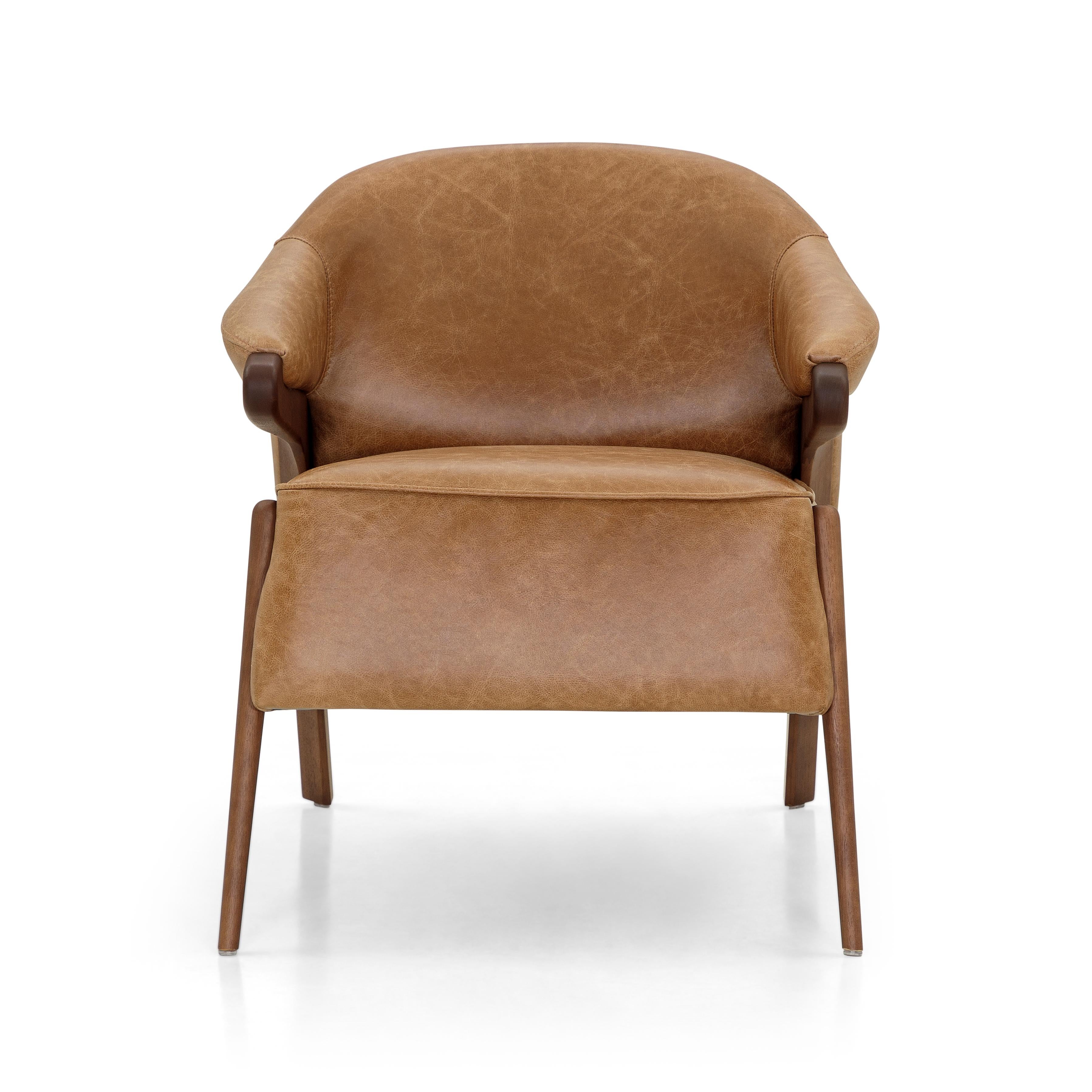 Osa Upholstered Curve Back Armchair in Walnut Wood Finish and Brown Leather For Sale 1