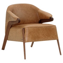 Osa Upholstered Curve Back Armchair in Walnut Wood Finish and Brown Leather