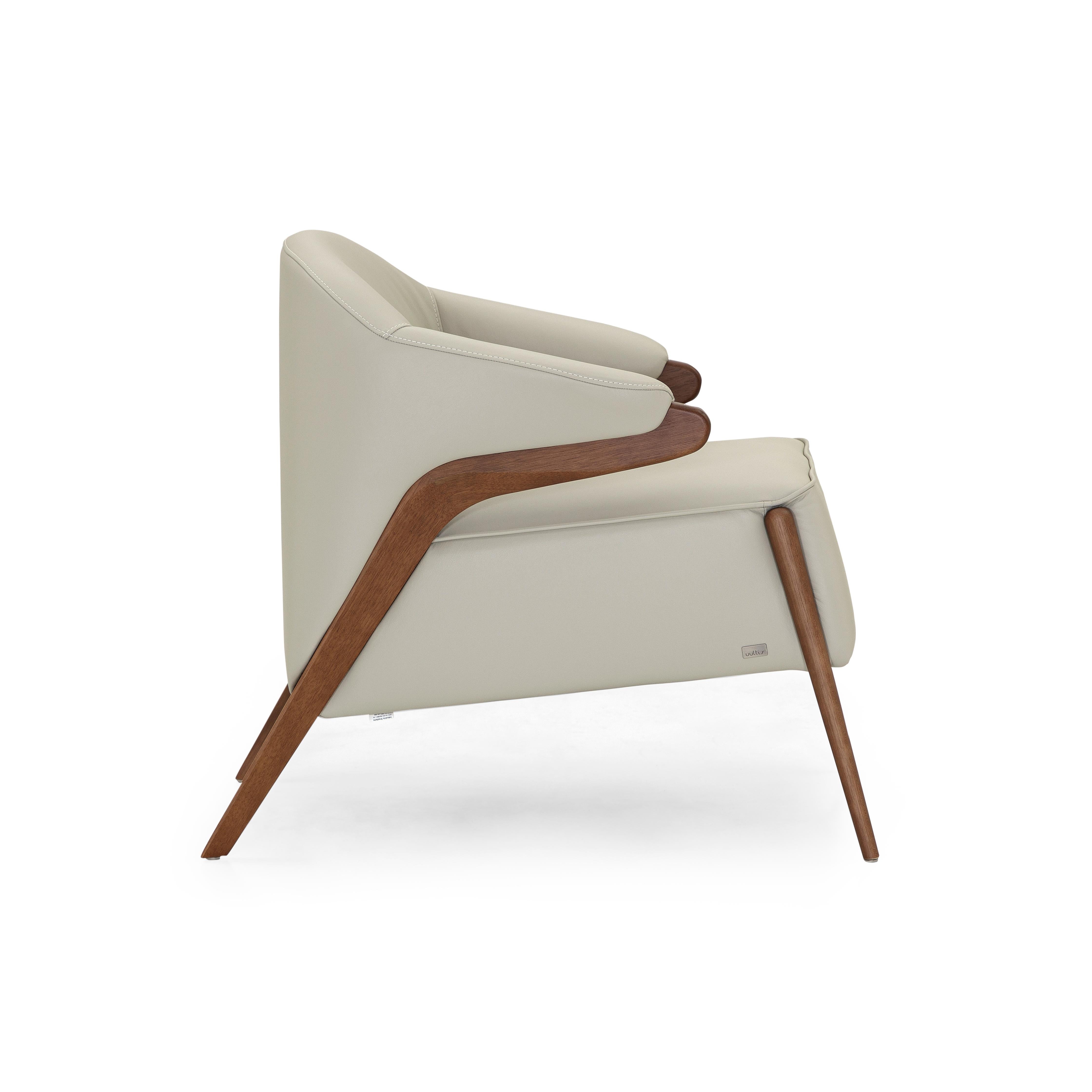 Brazilian Osa Upholstered Curve Back Armchair in Walnut Wood Finish and Off-White Leather For Sale