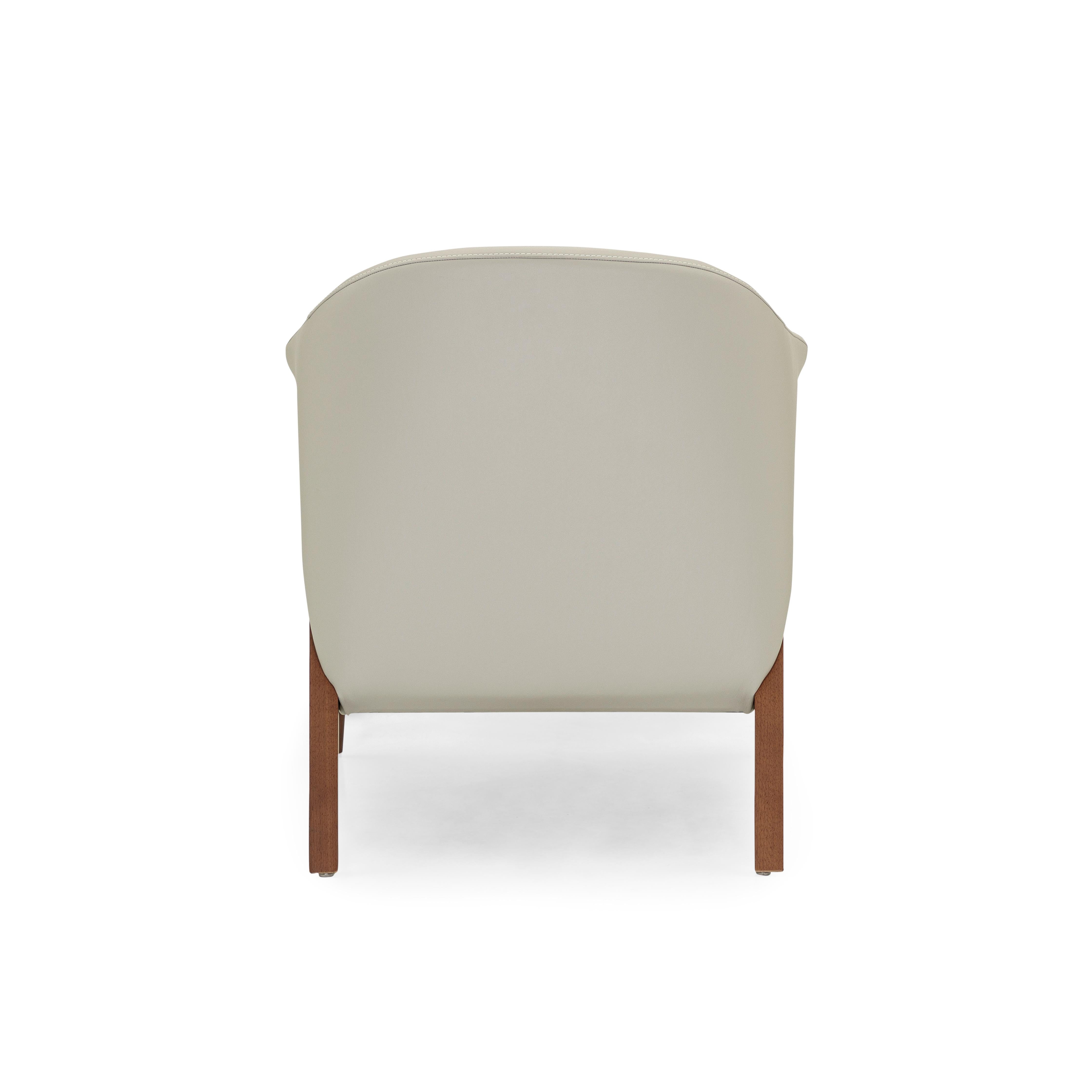 Contemporary Osa Upholstered Curve Back Armchair in Walnut Wood Finish and Off-White Leather For Sale
