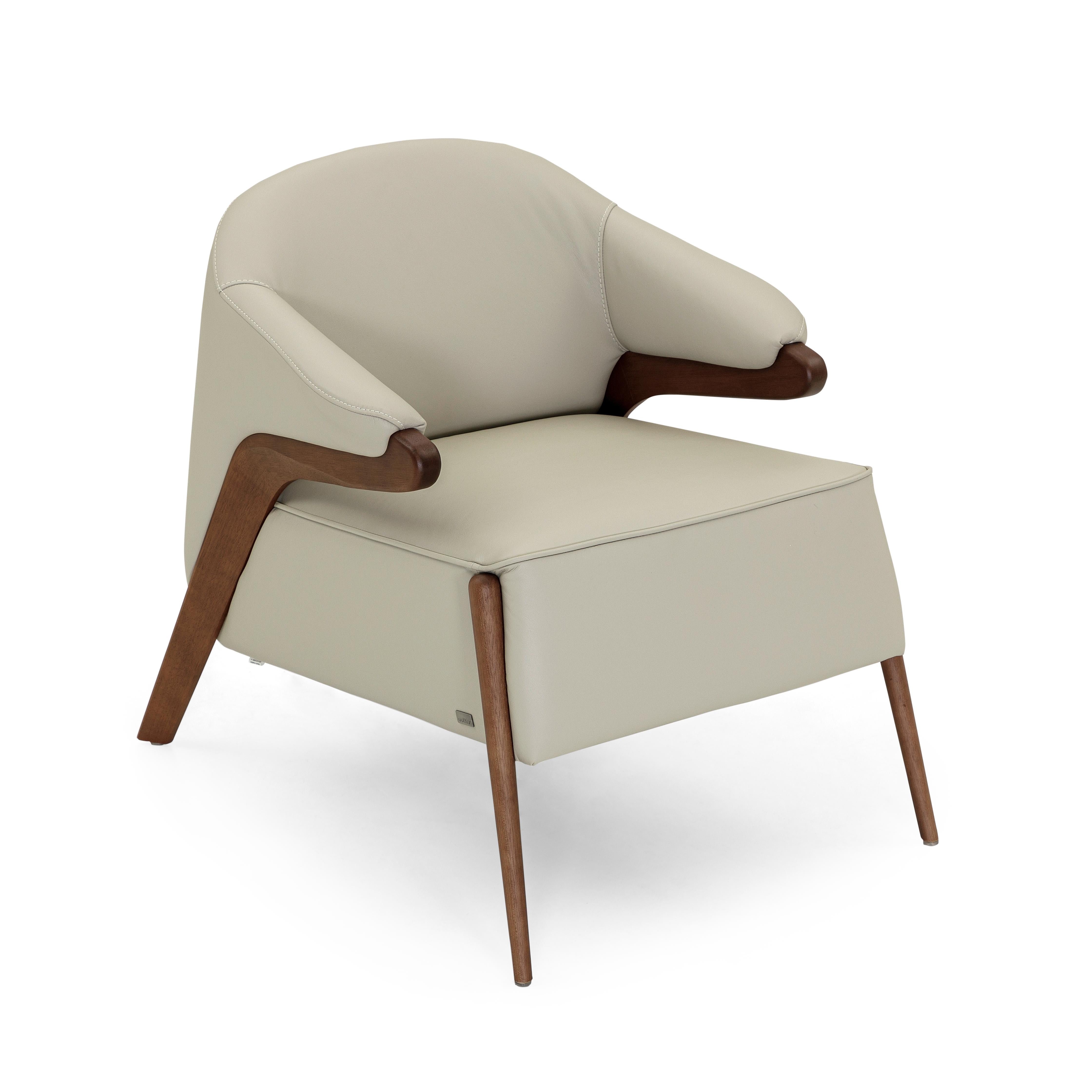 Osa Upholstered Curve Back Armchair in Walnut Wood Finish and Off-White Leather For Sale 1