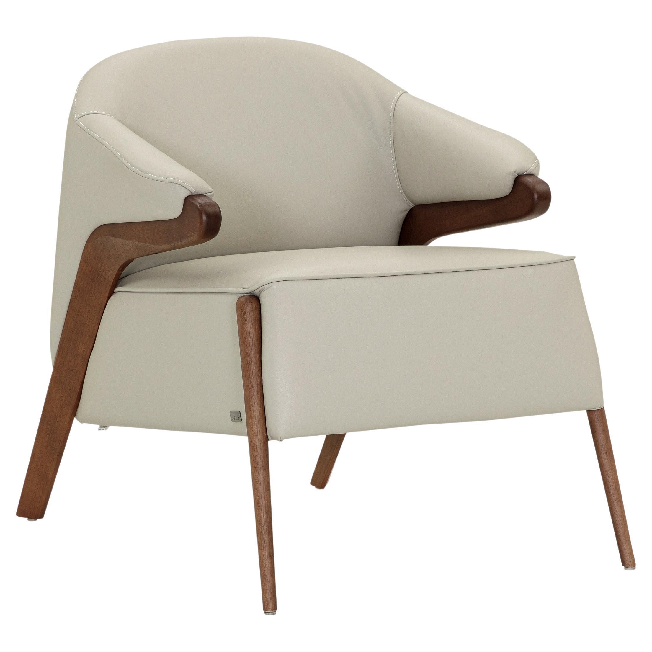 Osa Upholstered Curve Back Armchair in Walnut Wood Finish and Off-White Leather For Sale