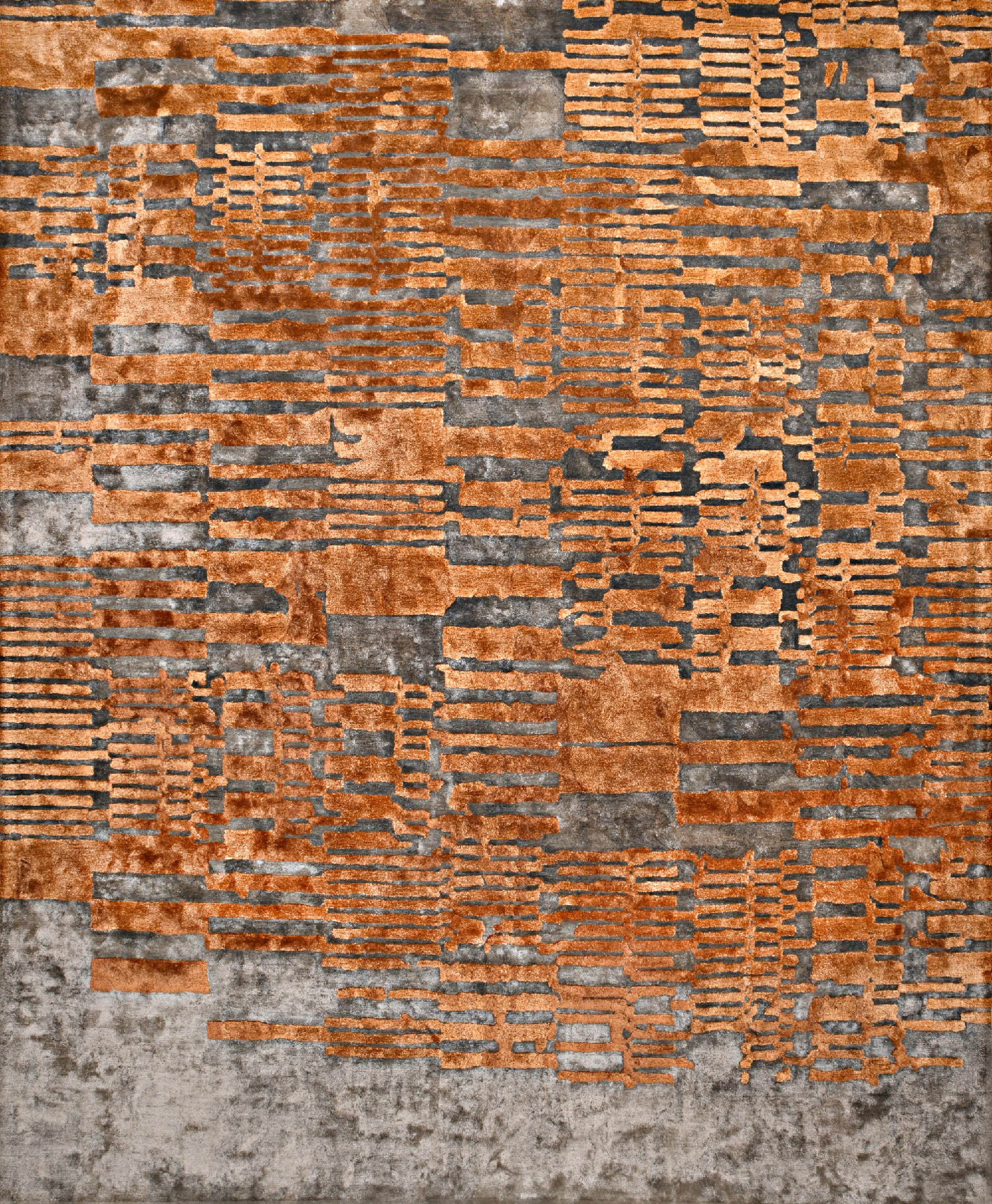 Hand-Crafted OSAR Hand Tufted Modern Silk Rug in Rust & Beige Grey Colours By Hands For Sale