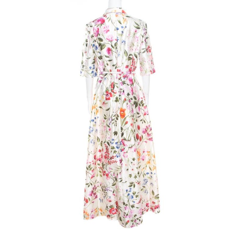 Osca De La Renta White Floral Printed Belted Maxi Dress L For Sale at ...