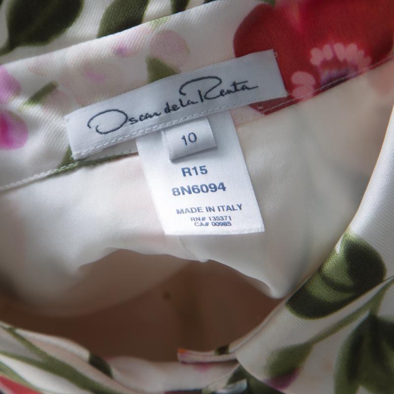 Women's Osca De La Renta White Floral Printed Belted Maxi Dress L