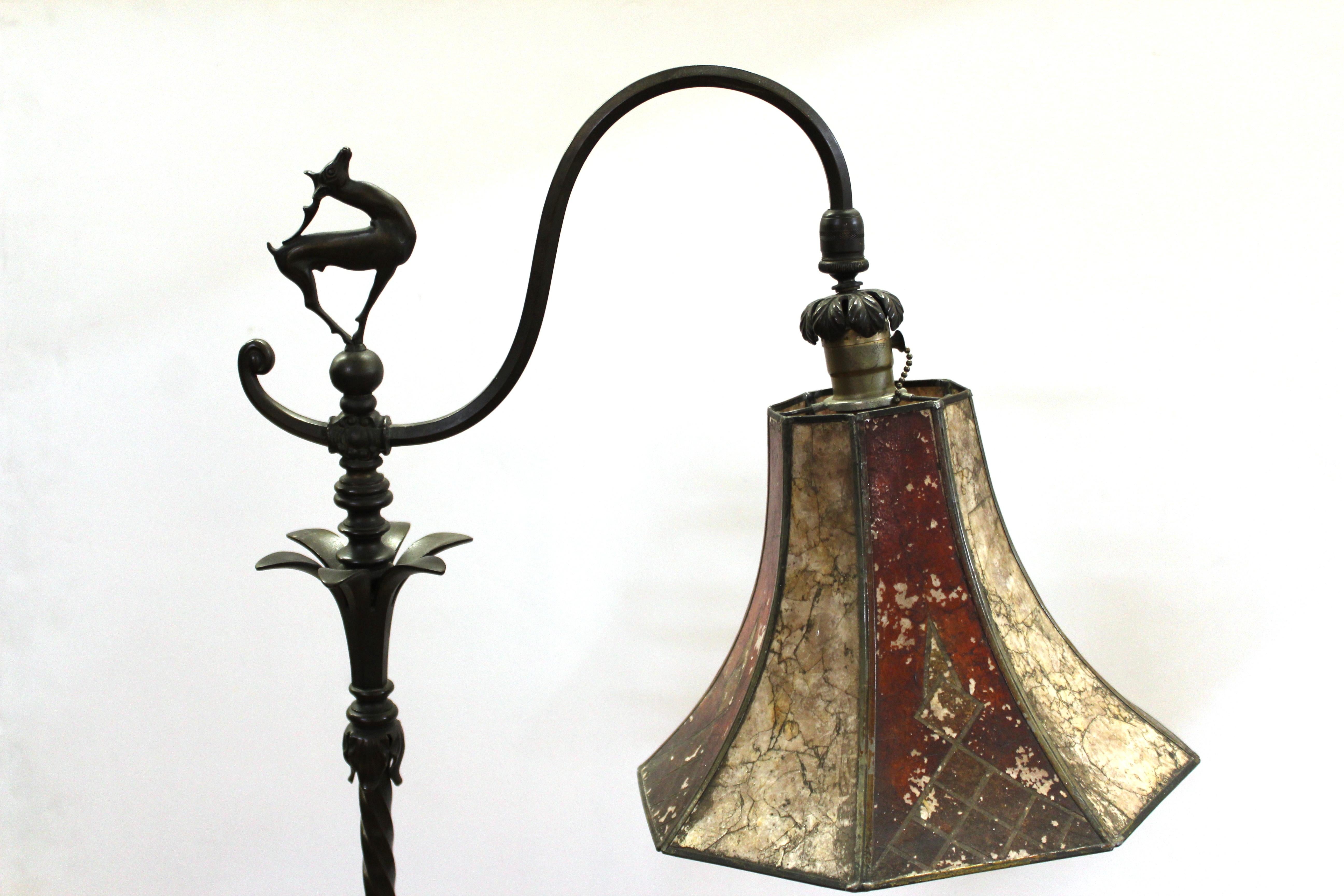 American Oscar Bach Art Deco Bronze Floor Lamp with Mica Shade