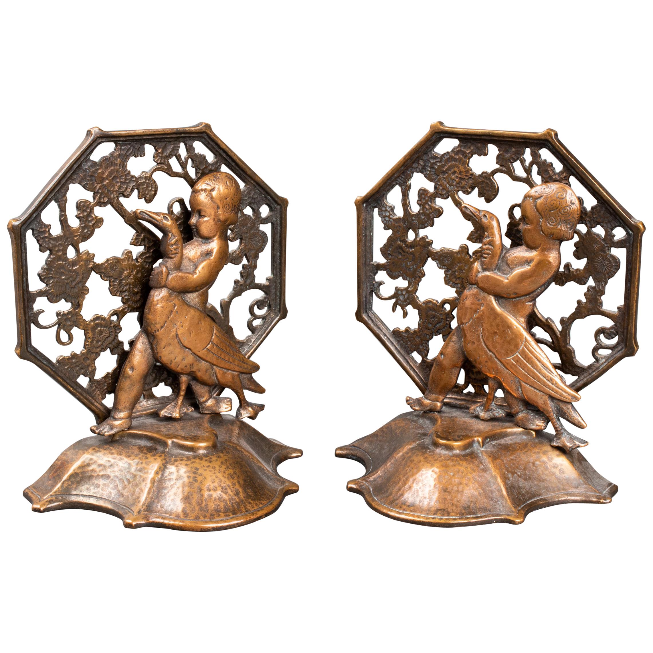 Oscar Bach Art Deco Bronze Girl and Goose Bookends For Sale