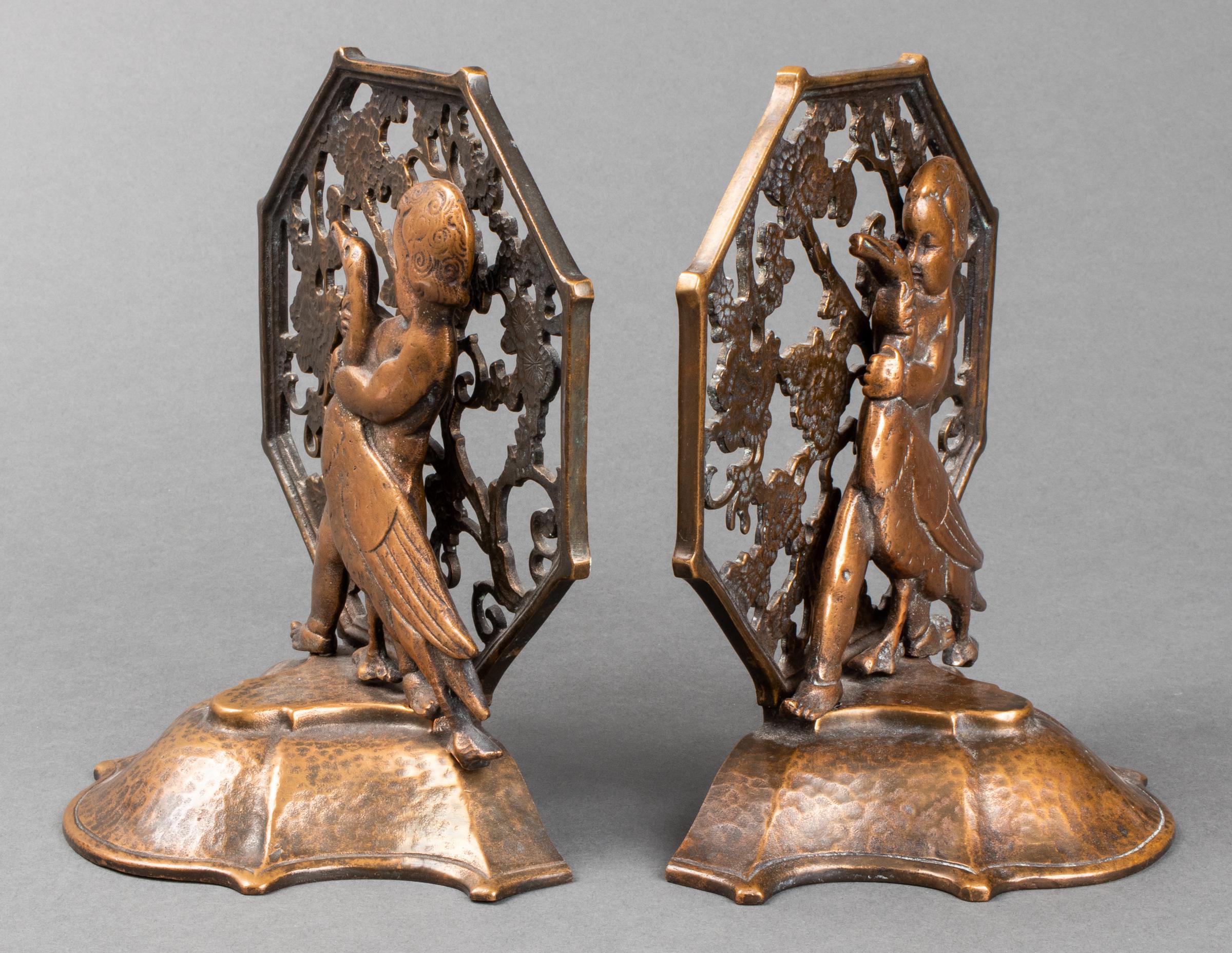 Oscar Bach Art Deco Bronze Girl and Goose Bookends In Good Condition For Sale In New York, NY