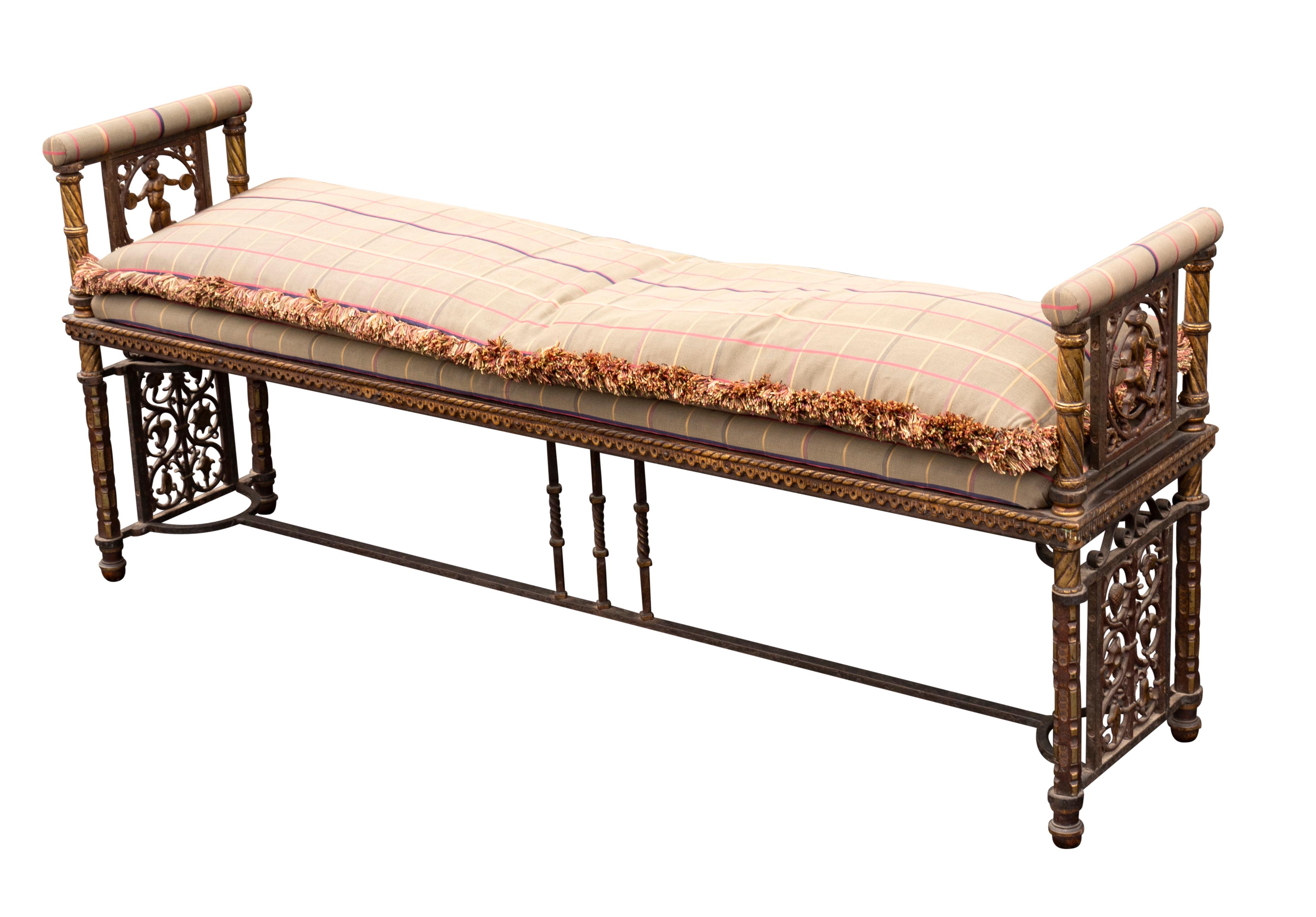 American Oscar Bach Art Deco Wrought Iron And Bronze Bench For Sale