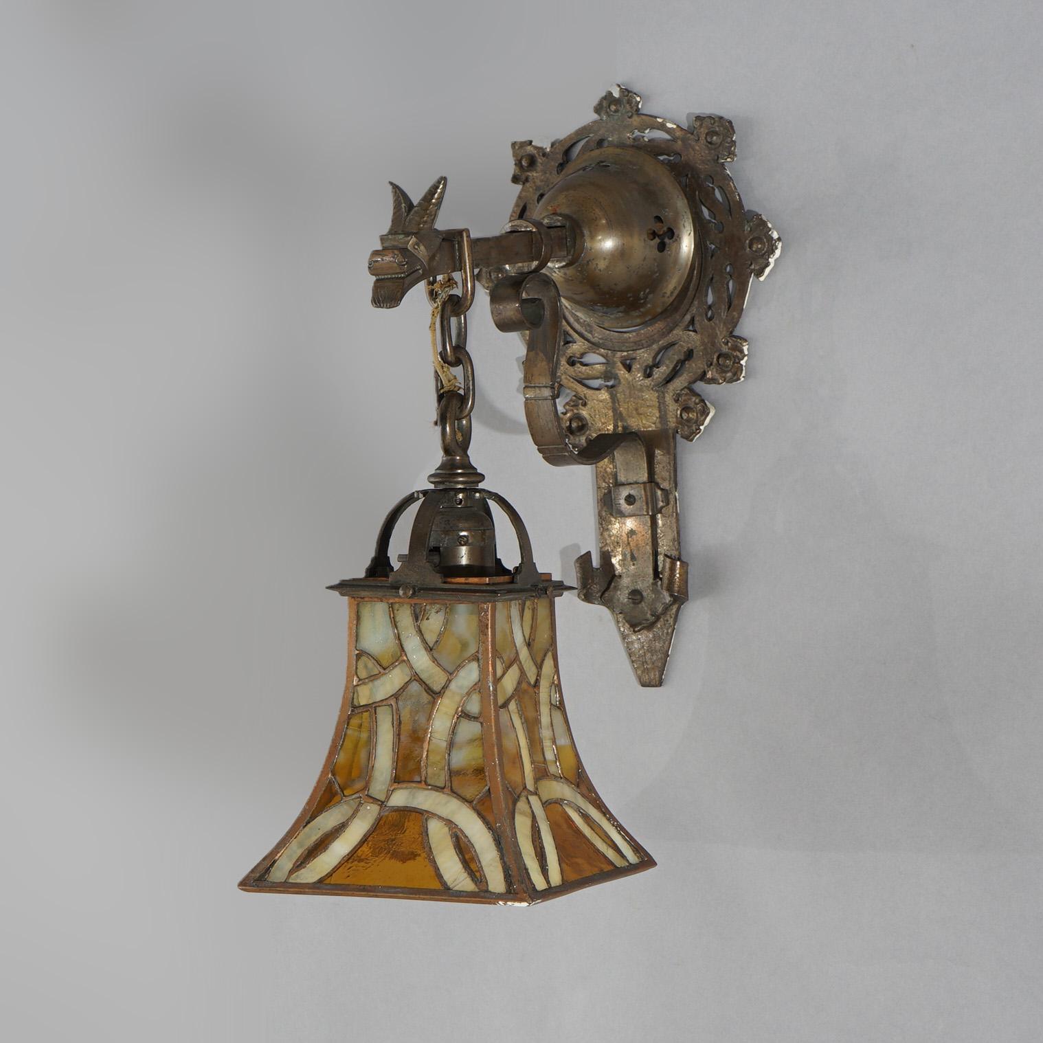 Arts and Crafts Oscar Bach Arts & Crafts Figural Hammered Bronze & Leaded Glass Wall Sconces