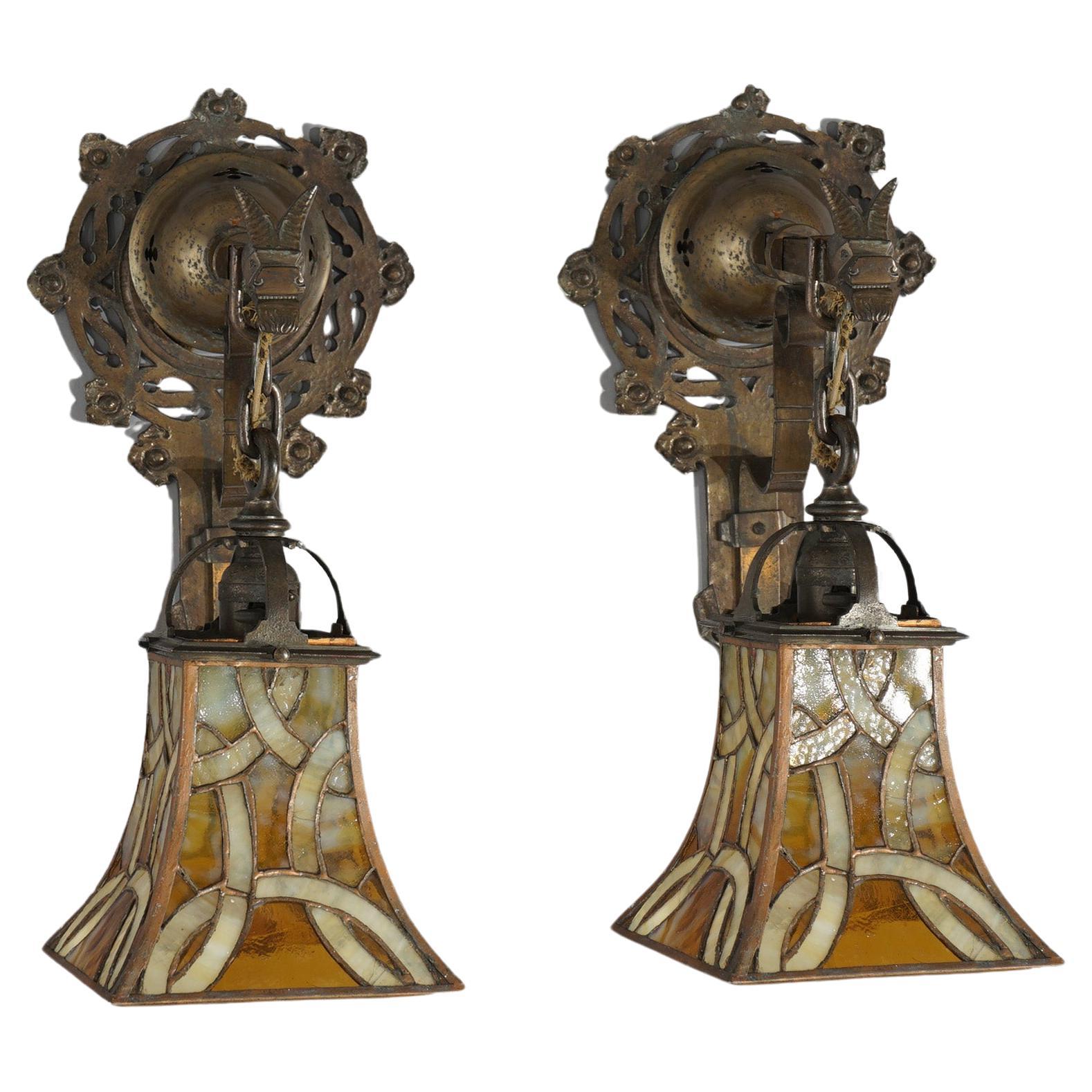 Oscar Bach Arts & Crafts Figural Hammered Bronze & Leaded Glass Wall Sconces For Sale