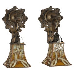 Antique Oscar Bach Arts & Crafts Figural Hammered Bronze & Leaded Glass Wall Sconces