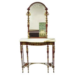 Antique Oscar Bach Attr. Bronze and Onyx Top Iron Console Hall Table with Figural Mirror