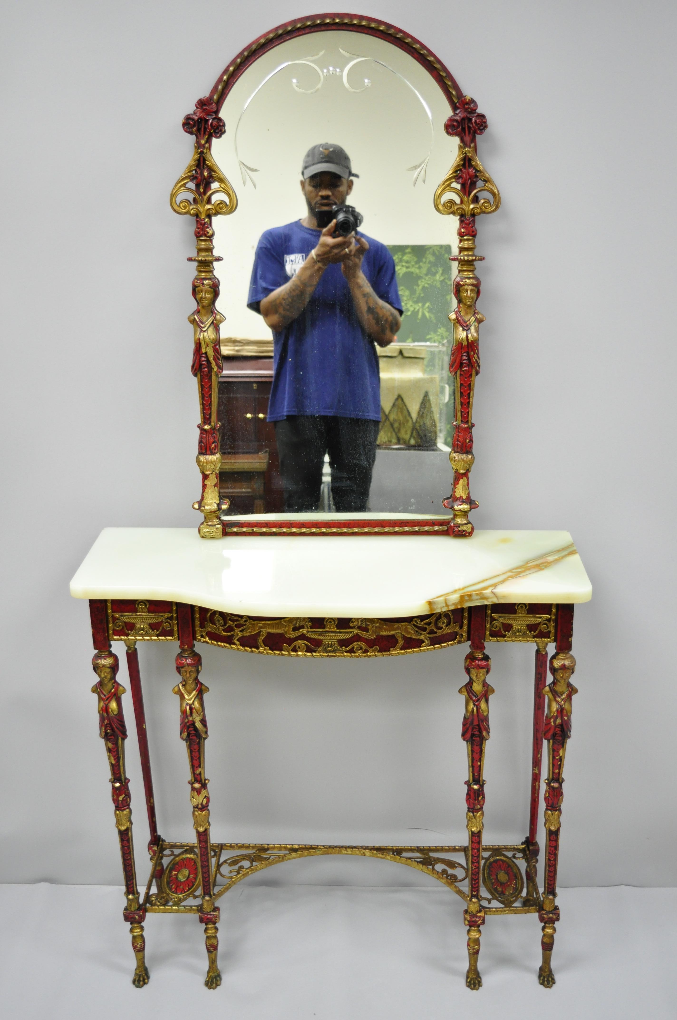 Oscar Bach Attr. Bronze and Onyx Top Red Console Hall Table with Figural Mirror For Sale 7