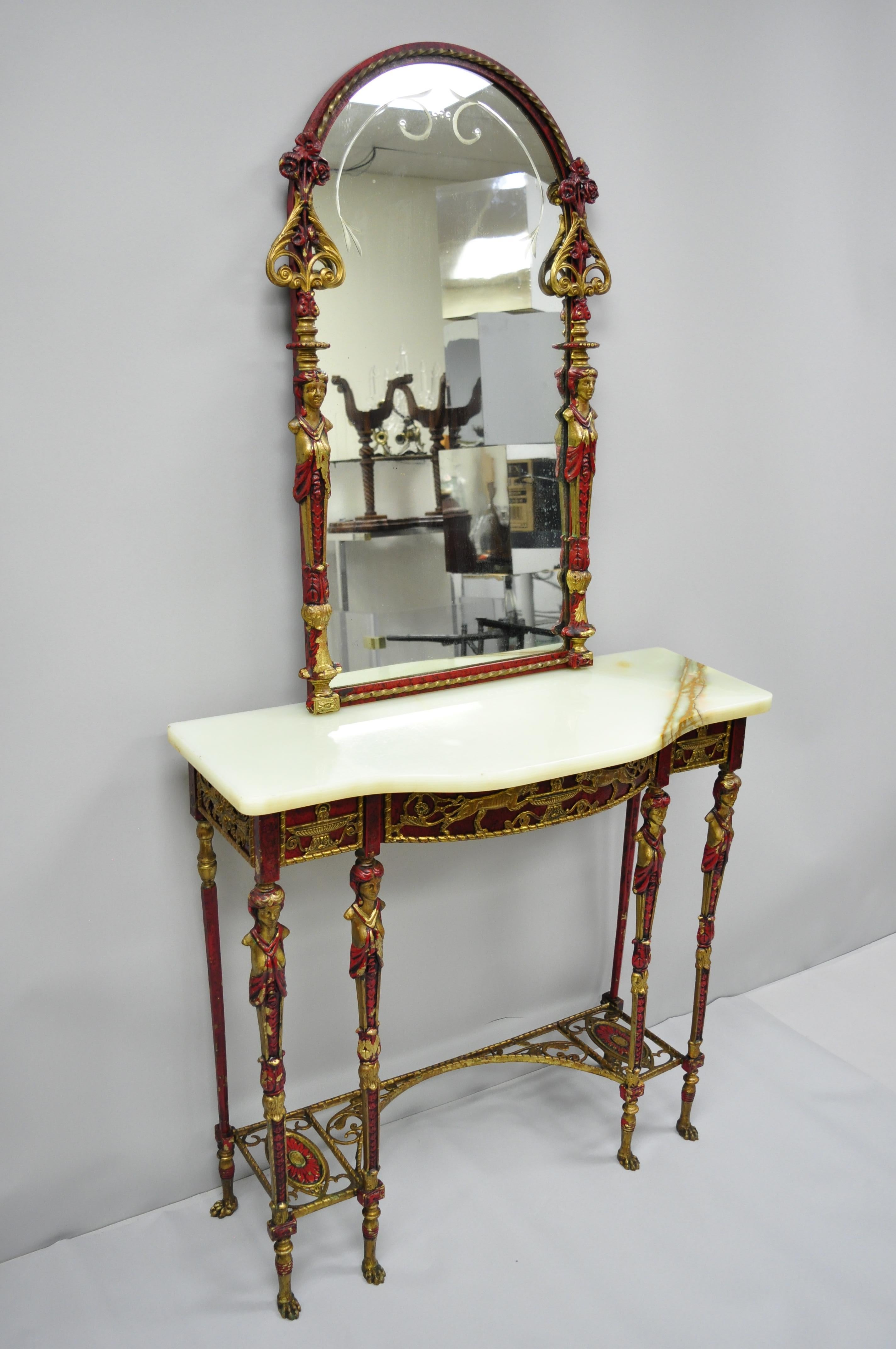 Oscar Bach Attr. Bronze and Onyx Top Red Console Hall Table with Figural Mirror For Sale 10