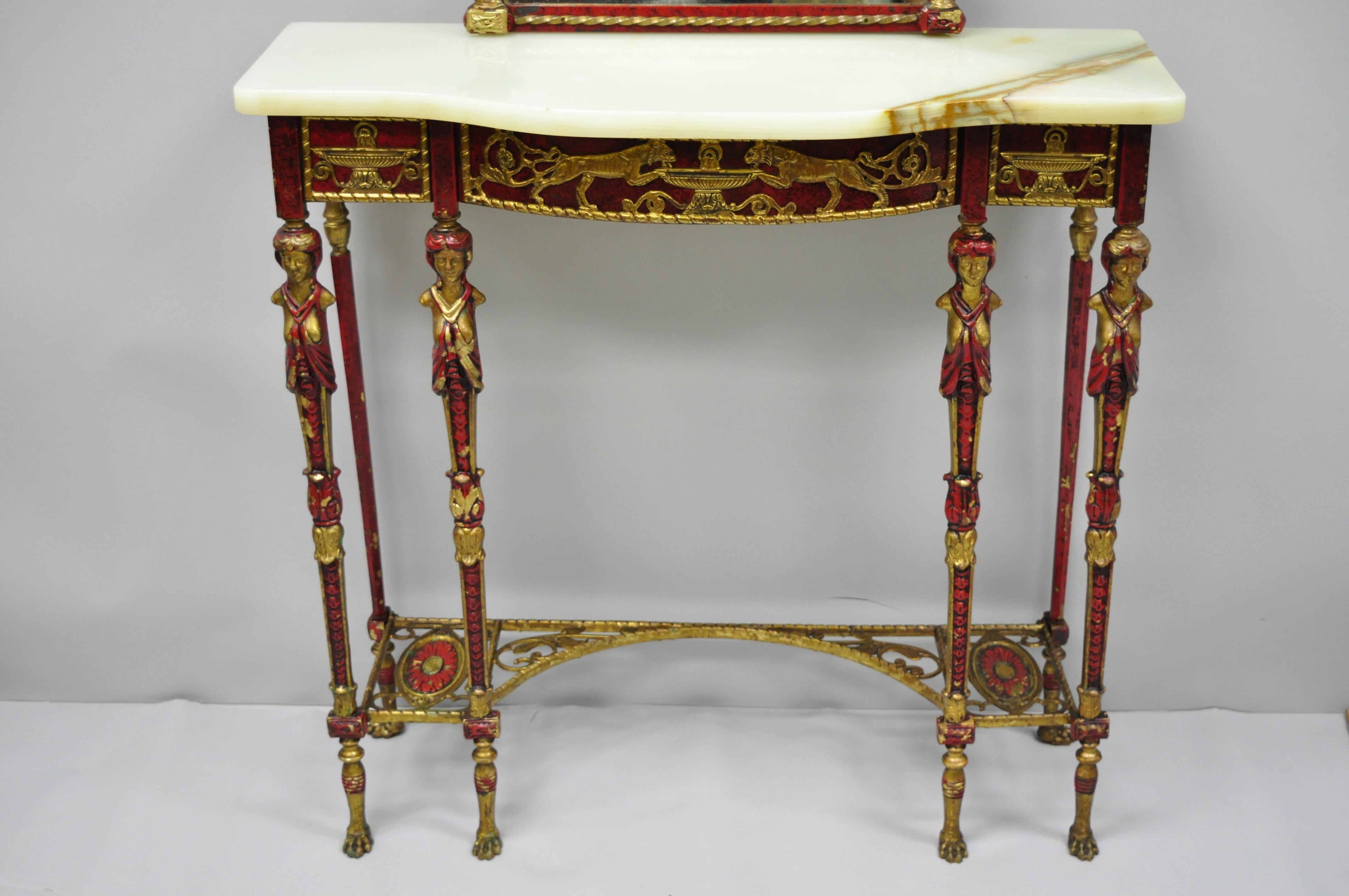 Oscar Bach Attr. Bronze and Onyx Top Red Console Hall Table with Figural Mirror In Good Condition For Sale In Philadelphia, PA