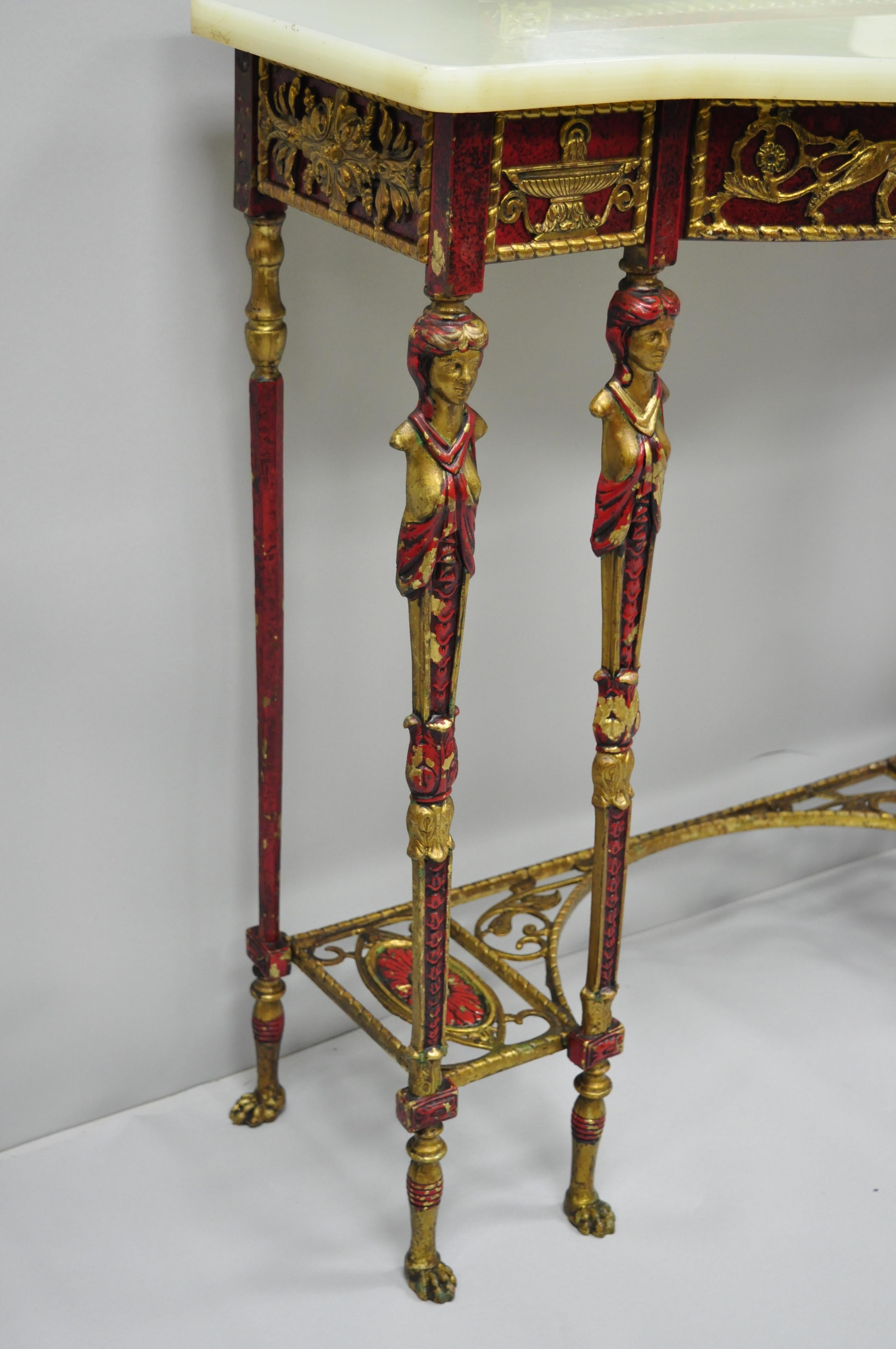 Oscar Bach Attr. Bronze and Onyx Top Red Console Hall Table with Figural Mirror For Sale 2