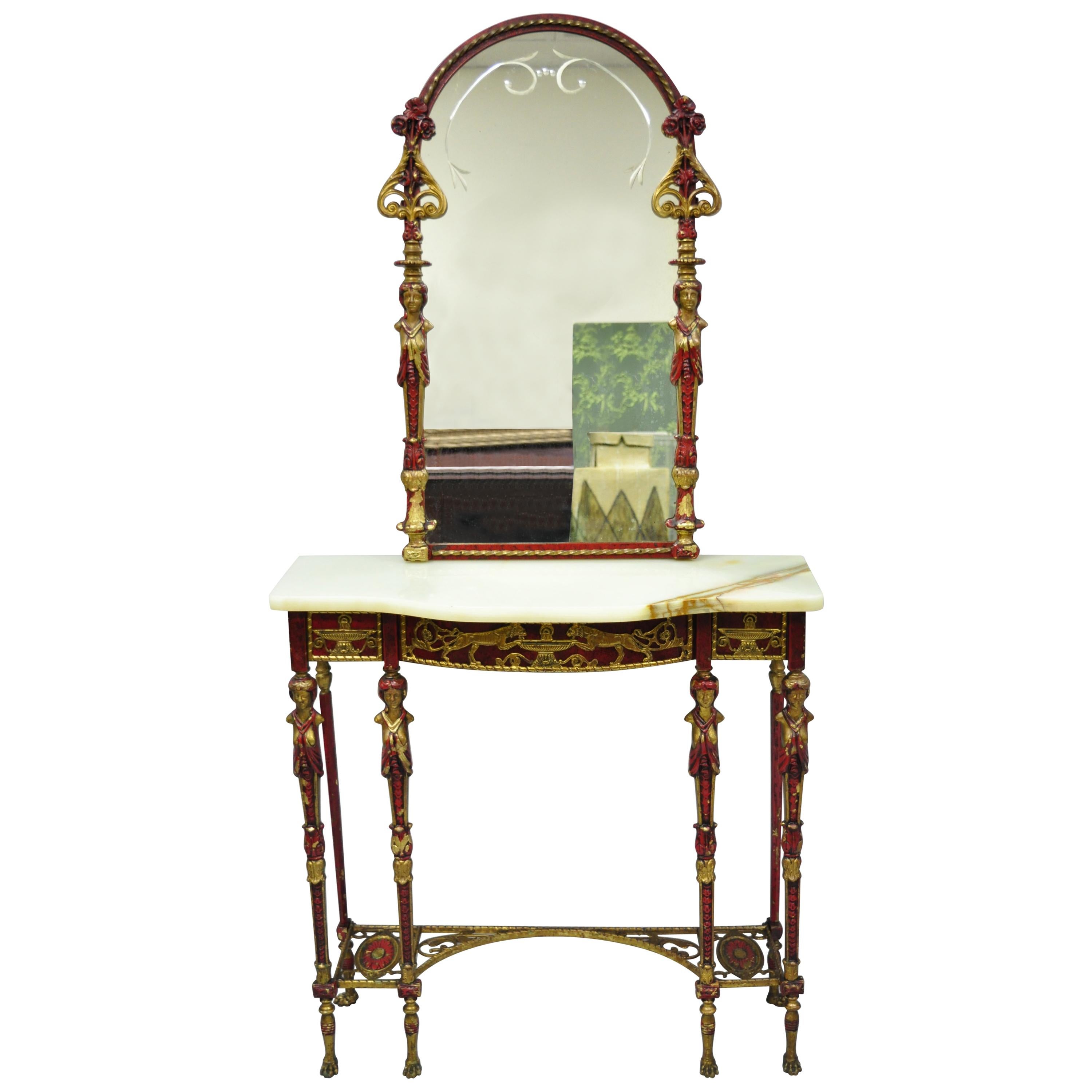 Oscar Bach Attr. Bronze and Onyx Top Red Console Hall Table with Figural Mirror