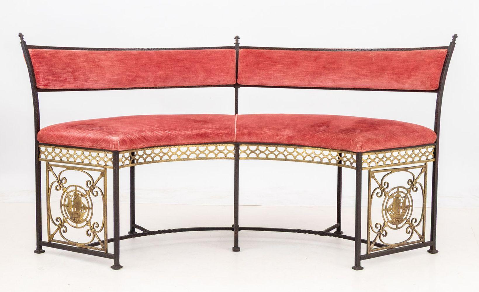 Oscar Bach Attributed Pink Velvet Upholstered Curved Wrought Iron and Gilt Bronze Bench, the pierced metal frame with sail ship motifs. 34.5